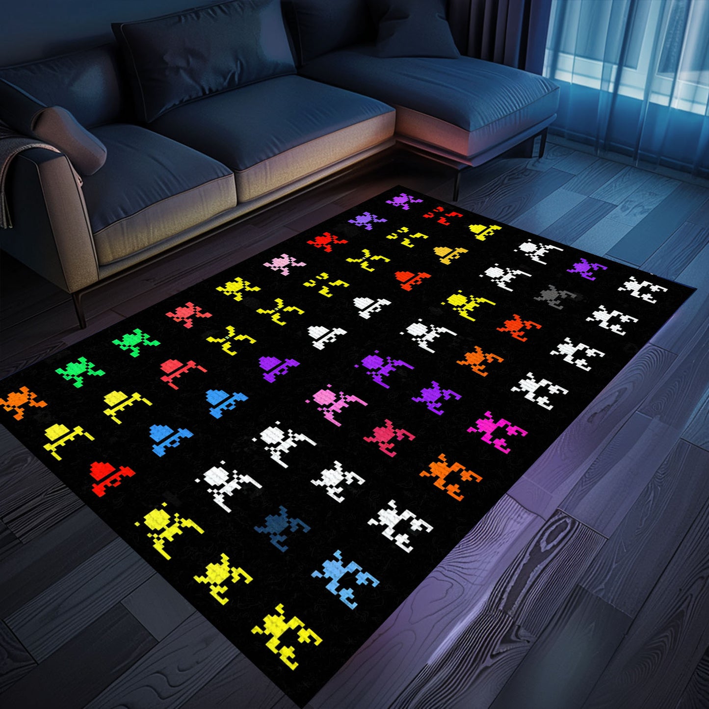 Stylish Dark and Neon 80s Arcade Carpet with Space Invaders: Transform Your Living Space with Retro Charm, Arcade Decor, Gift for Gamers, Video Game Lovers G123