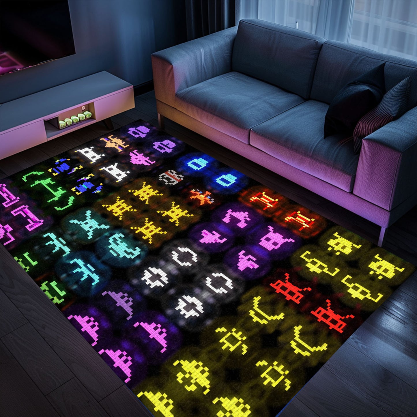 Dark and Neon 80s Arcade Carpet with Space Invaders: Ideal Gift for Gamers and Arcade Enthusiasts, Arcade Decor, Gift for Gamers, Video Game Lovers G122