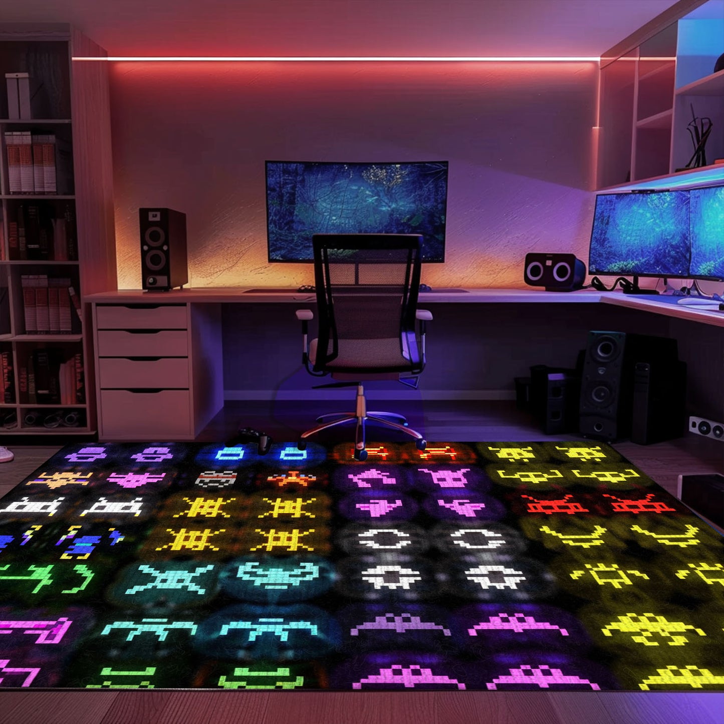 Dark and Neon 80s Arcade Carpet with Space Invaders: Ideal Gift for Gamers and Arcade Enthusiasts, Arcade Decor, Gift for Gamers, Video Game Lovers G122