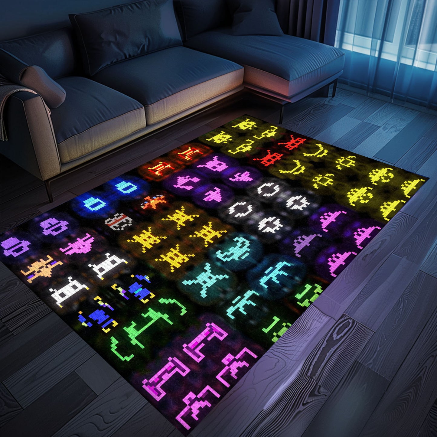 Dark and Neon 80s Arcade Carpet with Space Invaders: Ideal Gift for Gamers and Arcade Enthusiasts, Arcade Decor, Gift for Gamers, Video Game Lovers G122