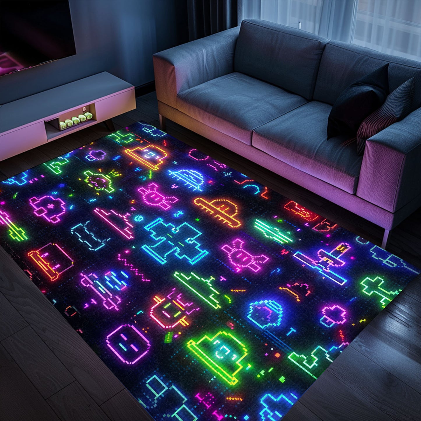Infuse Your Living Space with Retro Charm Using Dark and Neon 80s Arcade NES Game 8bit Rugs, Arcade Decor, Gift for Gamers, Video Game Lovers G295