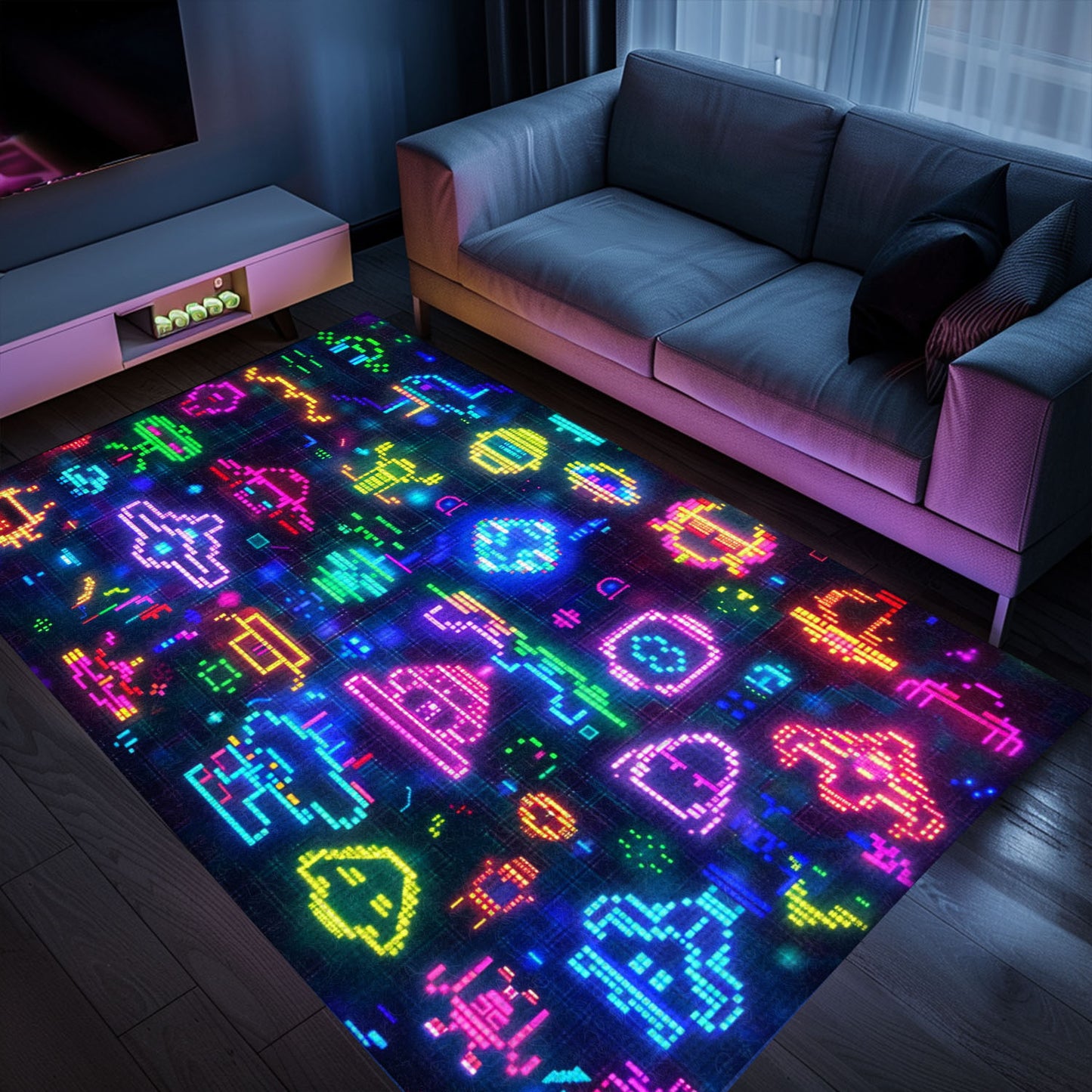 Dive into Retro Gaming Bliss with Dark and Neon 80s Arcade NES Game 8bit Rugs, Arcade Decor, Gift for Gamers, Video Game Lovers G291