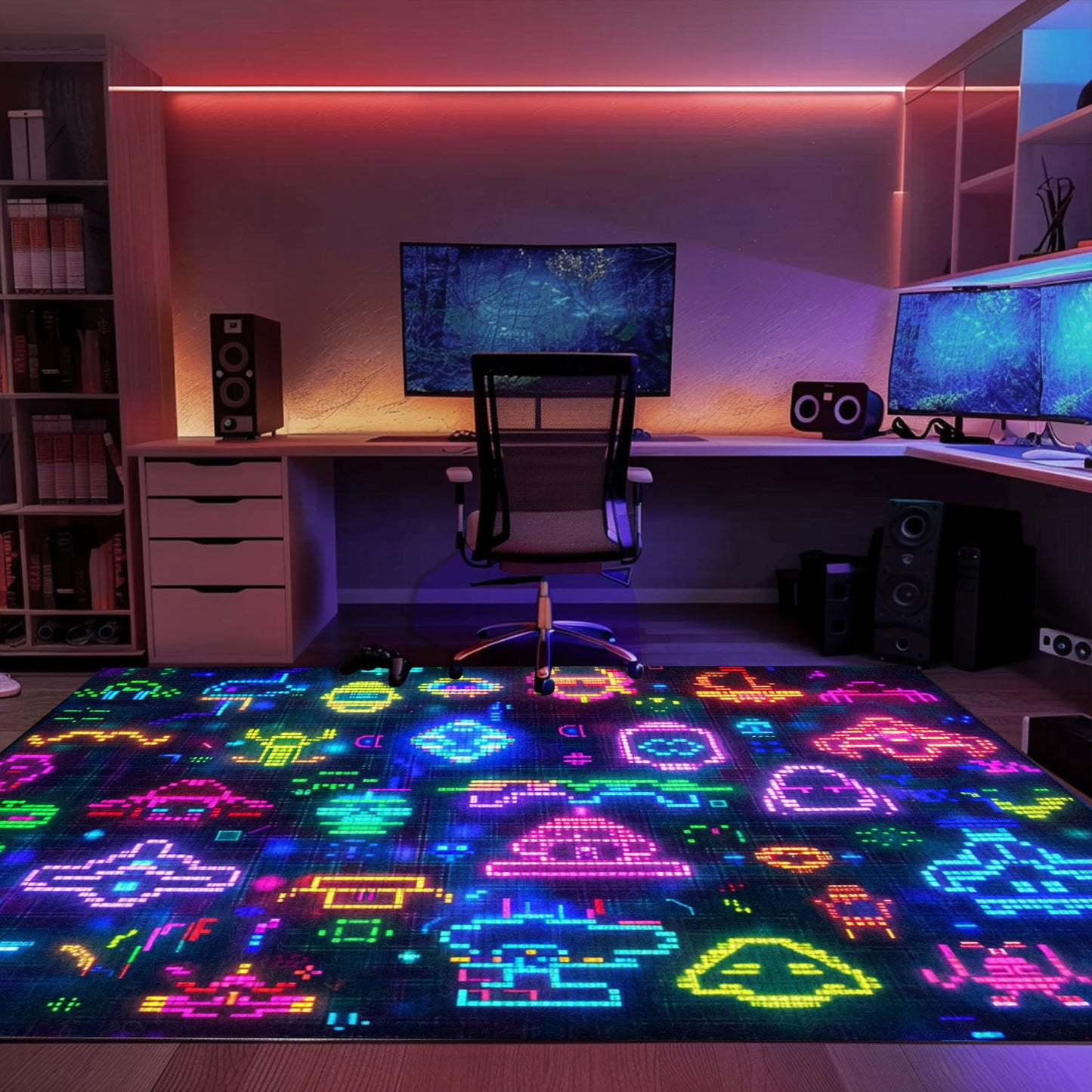 Dive into Retro Gaming Bliss with Dark and Neon 80s Arcade NES Game 8bit Rugs, Arcade Decor, Gift for Gamers, Video Game Lovers G291