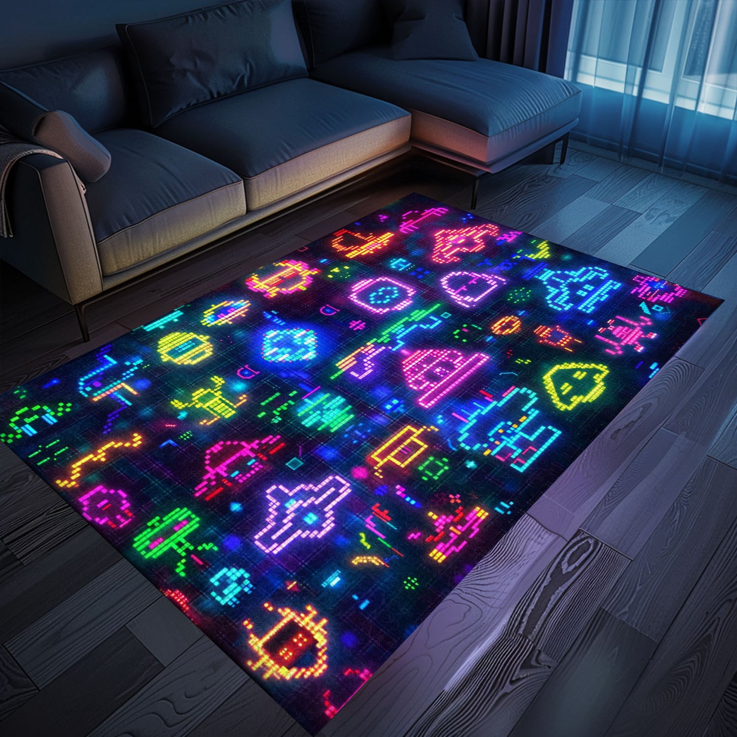 Dive into Retro Gaming Bliss with Dark and Neon 80s Arcade NES Game 8bit Rugs, Arcade Decor, Gift for Gamers, Video Game Lovers G291
