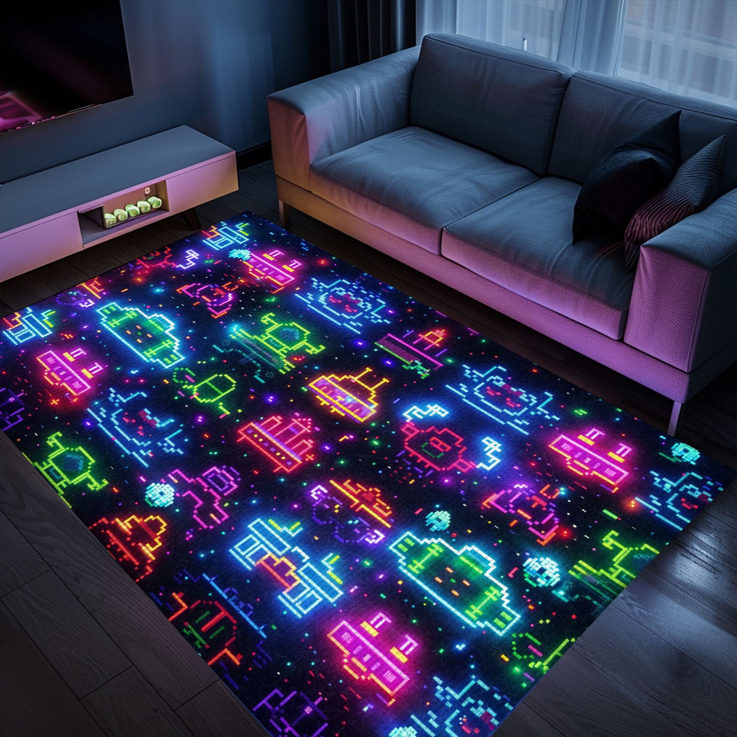 Dark and Neon 80s Arcade NES Game 8bit Rugs: A Must-Have for Video Game Enthusiasts, Arcade Decor, Gift for Gamers, Video Game Lovers G288
