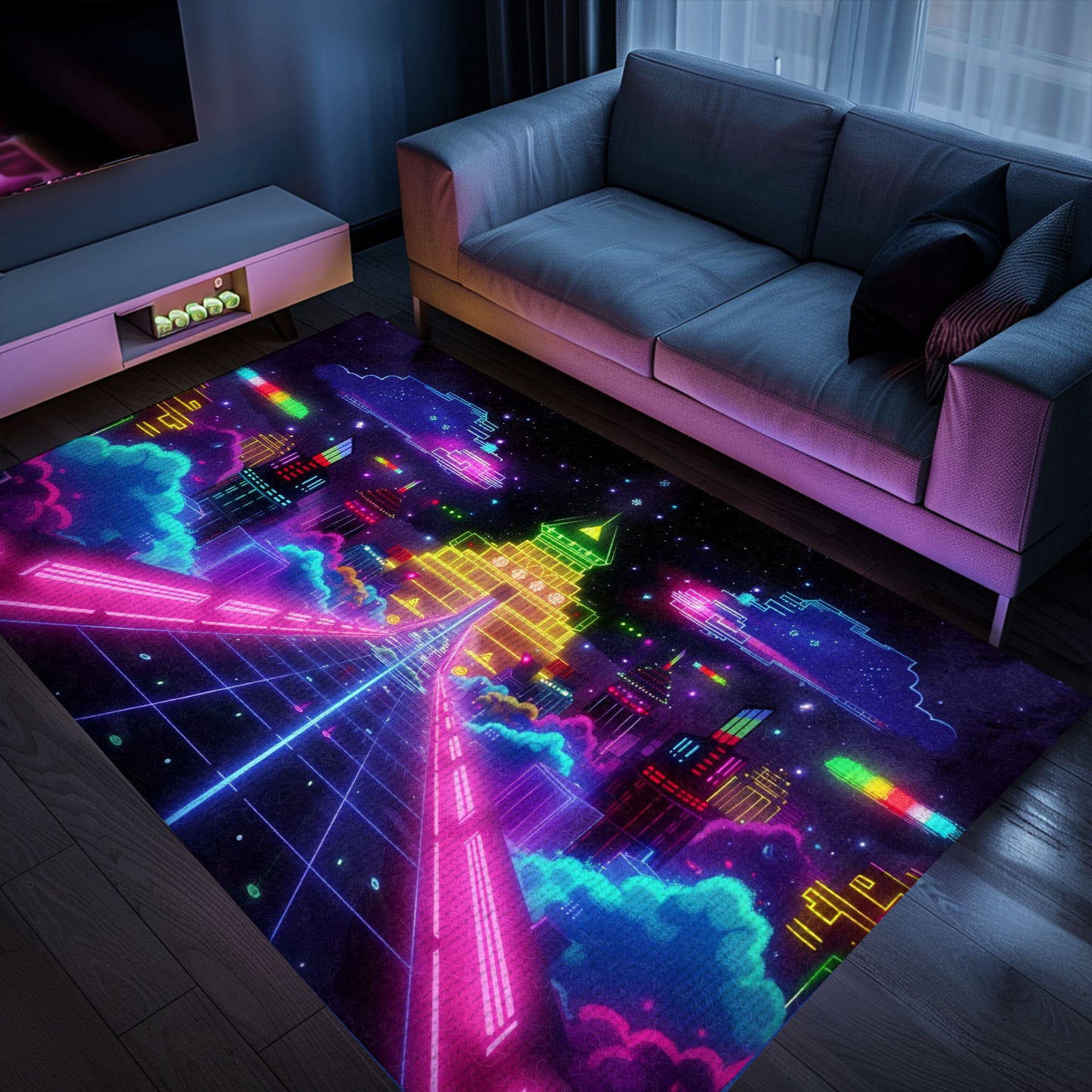 Immerse Yourself in Retro Gaming Culture with Dark and Neon 80s Arcade NES Game 8bit Rugs, Arcade Decor, Gift for Gamers, Video Game Lovers G285