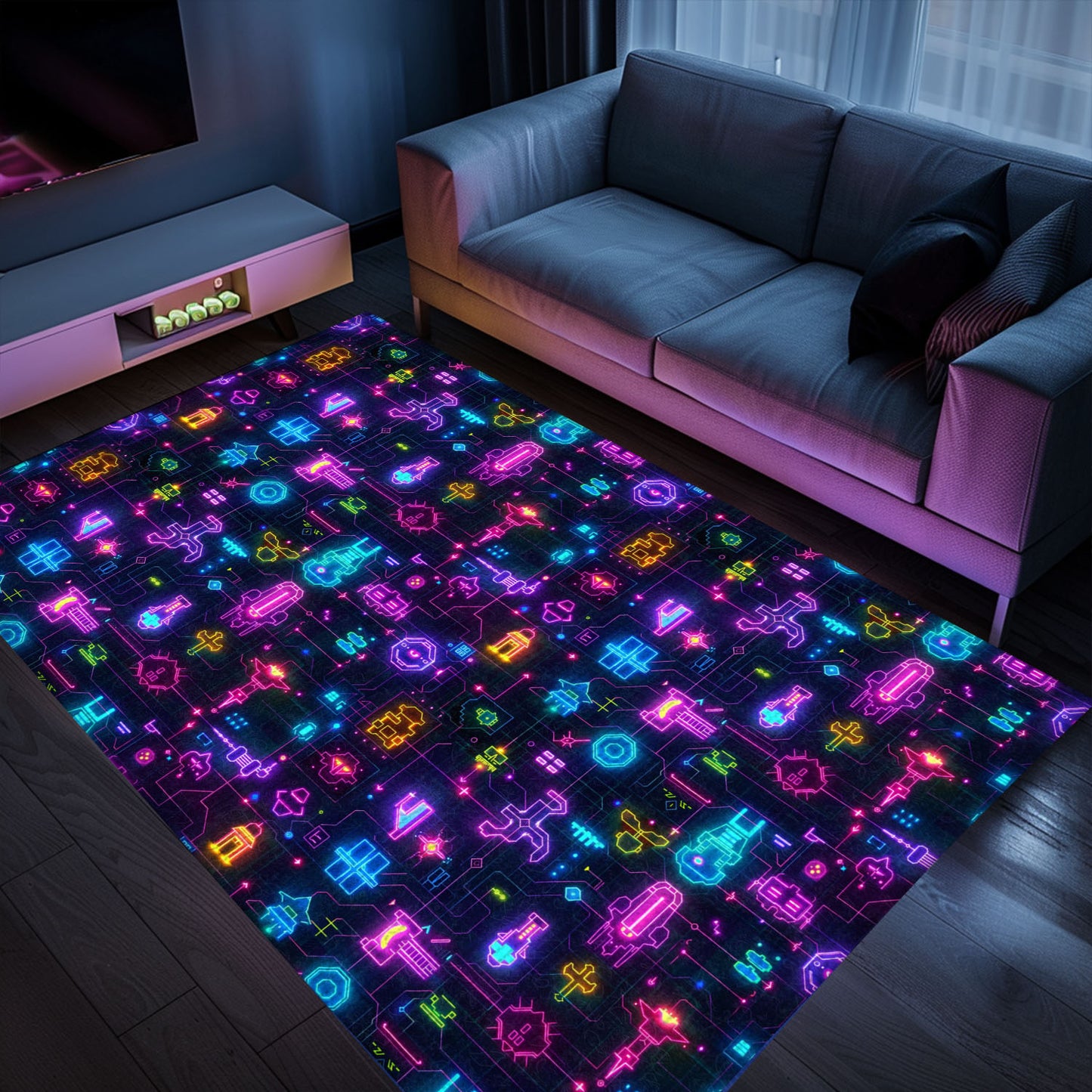 Step Into the World of Classic Gaming with Dark and Neon 80s Arcade NES Game 8bit Rugs, Arcade Decor, Gift for Gamers, Video Game Lovers G289