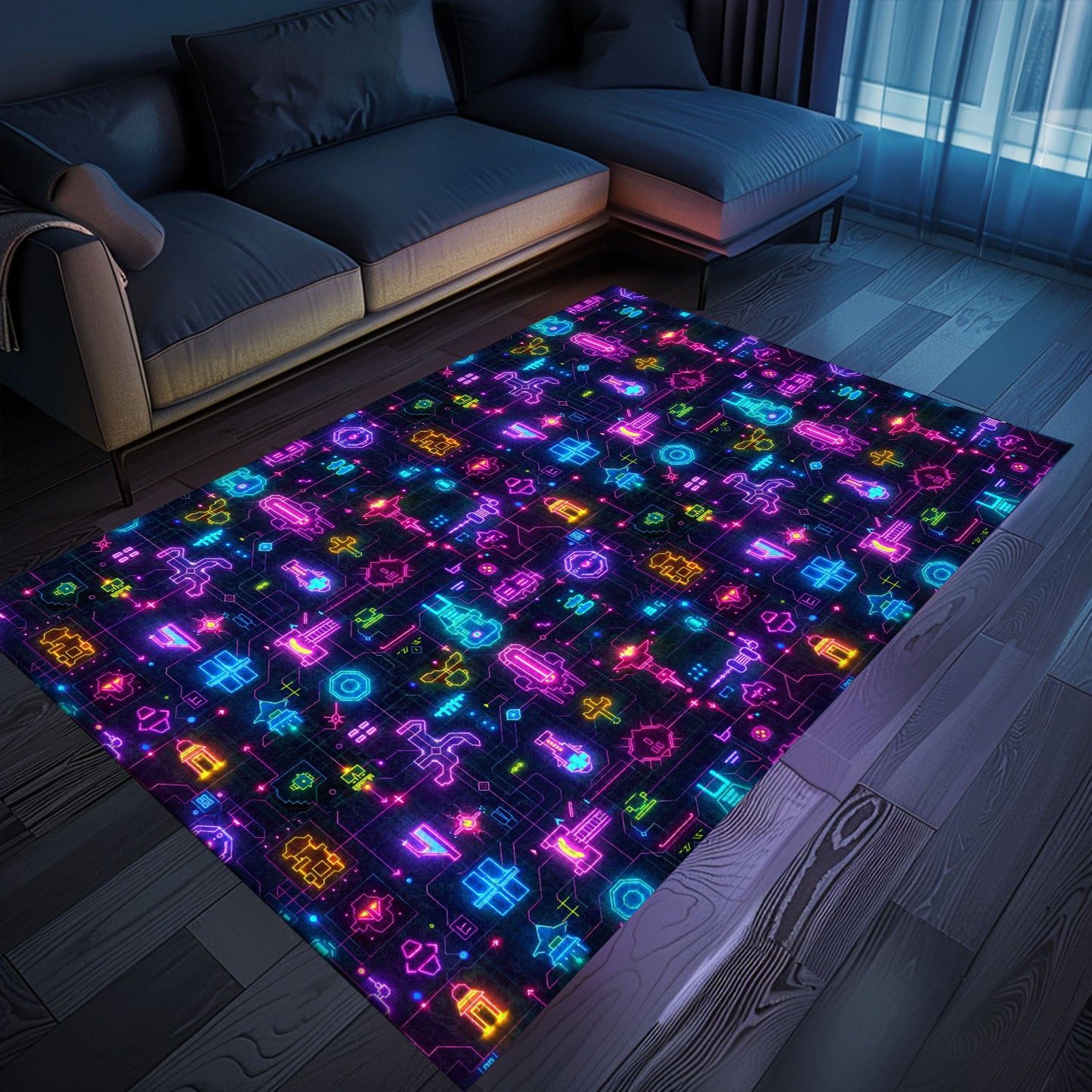 Step Into the World of Classic Gaming with Dark and Neon 80s Arcade NES Game 8bit Rugs, Arcade Decor, Gift for Gamers, Video Game Lovers G289