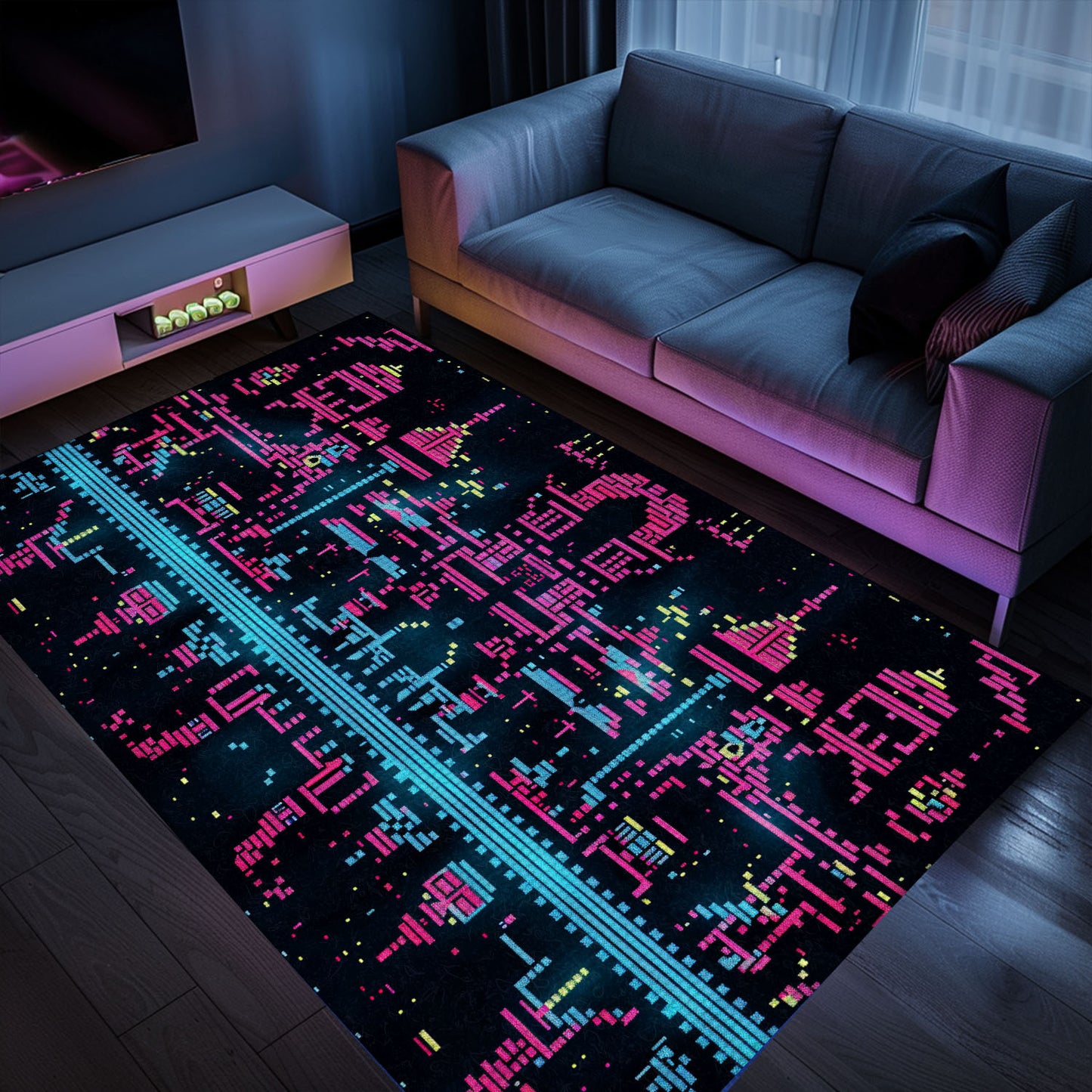 Immerse Yourself in Gaming Culture with Dark and Neon 80s Arcade NES Game 8bit Area Rug, Arcade Decor, Gift for Gamers, Video Game Lovers G269