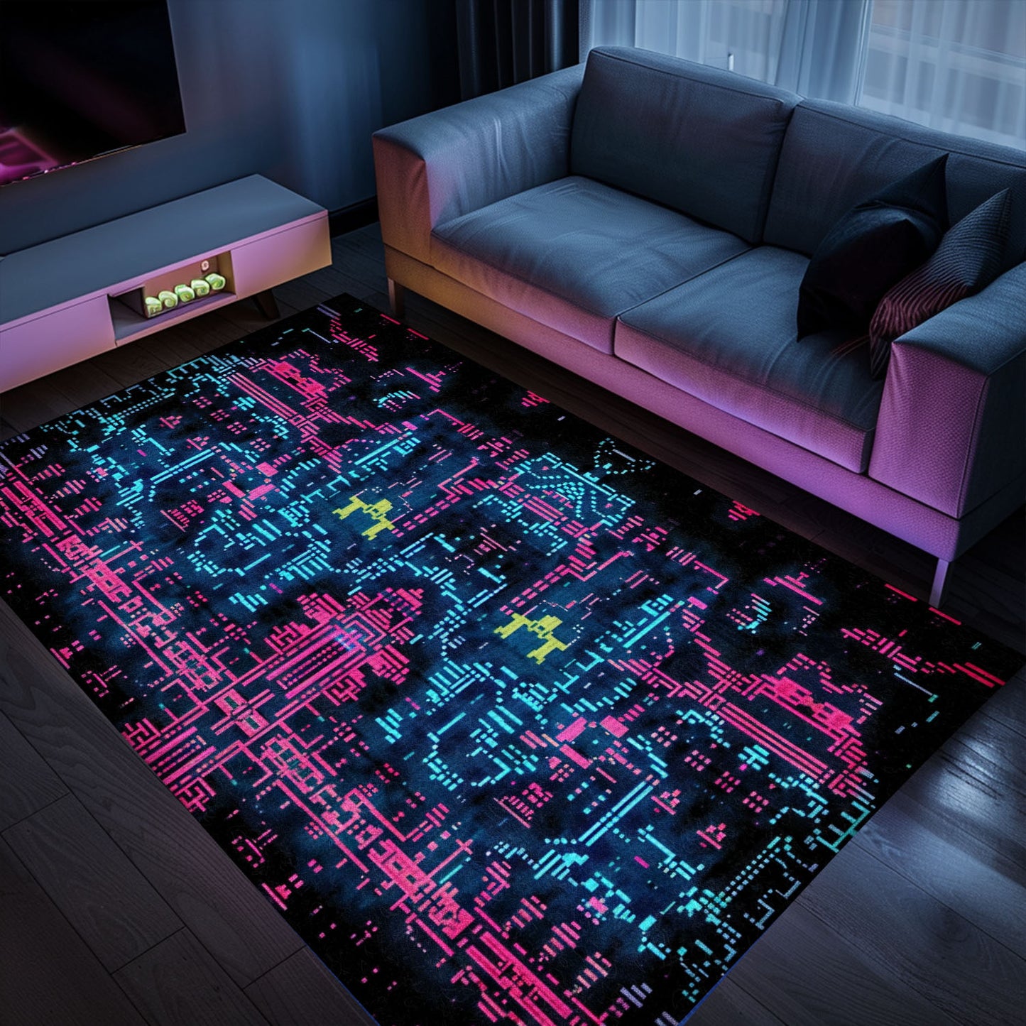 Experience Retro Gaming Vibes with Dark and Neon 80s Arcade NES Game 8bit Area Rug, Arcade Decor, Gift for Gamers, Video Game Lovers G266