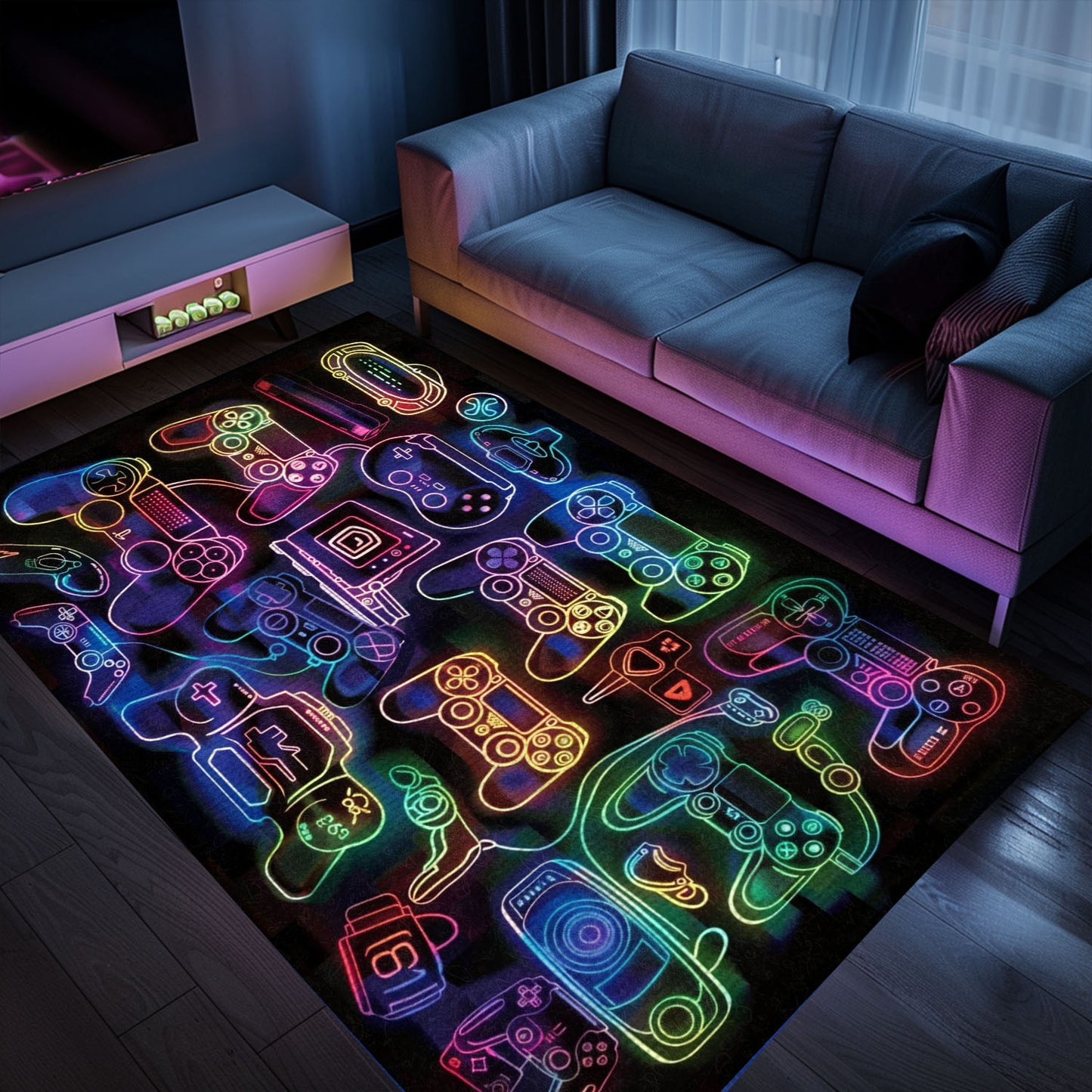 Perfect Gift for Gamers: Dark and Neon 80s Arcade NES Game 8bit Area Rug, Arcade Decor, Gift for Gamers, Video Game Lovers G263