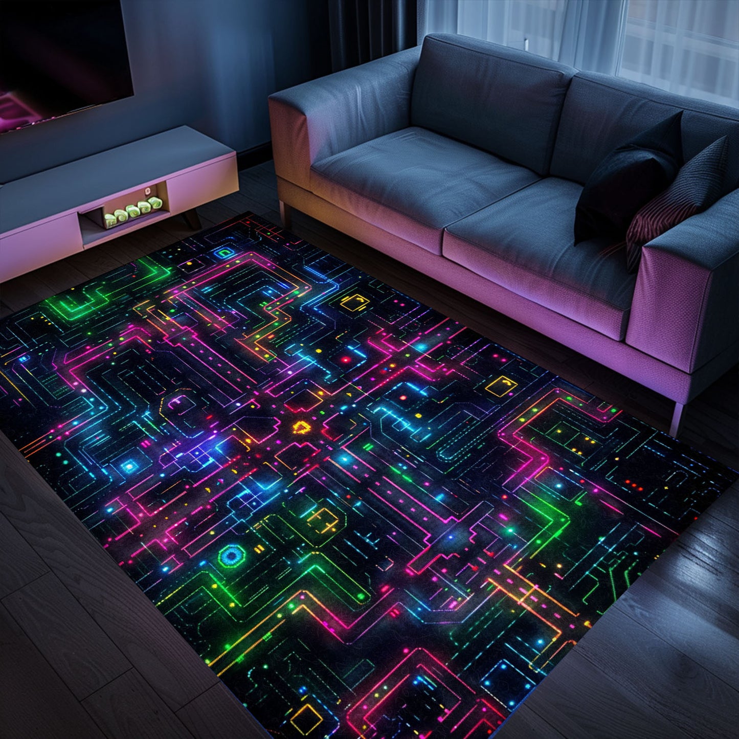 Transport Yourself to the Golden Age of Gaming with Dark and Neon 80s Arcade NES Game 8bit Area Rug, Perfect for Arcade Vibes, Arcade Decor, Gift for Gamers, Video Game Lovers G253