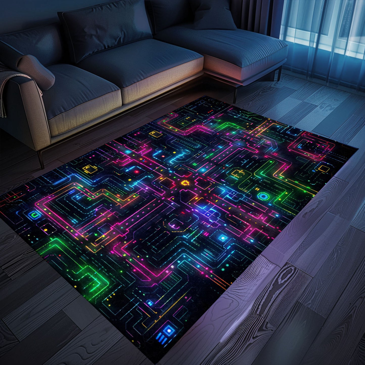 Transport Yourself to the Golden Age of Gaming with Dark and Neon 80s Arcade NES Game 8bit Area Rug, Perfect for Arcade Vibes, Arcade Decor, Gift for Gamers, Video Game Lovers G253