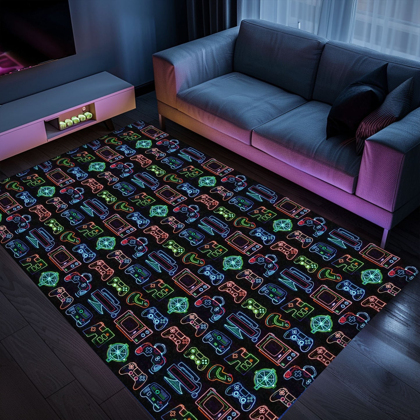 Elevate Your Gaming Setup with Dark and Neon 80s Arcade NES Game 8bit Area Rug, Ideal for Video Game Fans, Arcade Decor, Gift for Gamers, Video Game Lovers G249