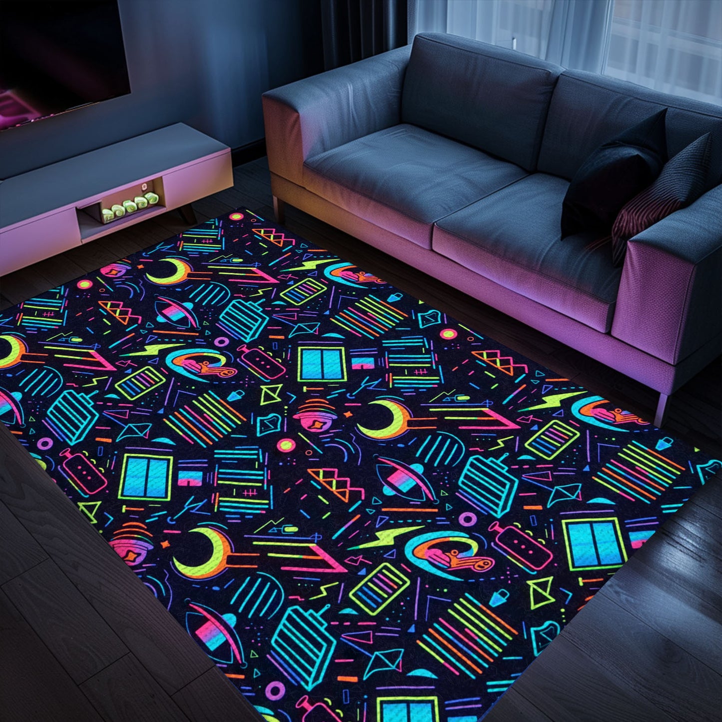 Infuse Your Living Space with Dark and Neon 80s Arcade NES Game 8bit Area Rug, Perfect for Arcade Enthusiasts, Arcade Decor, Gift for Gamers, Video Game Lovers G246