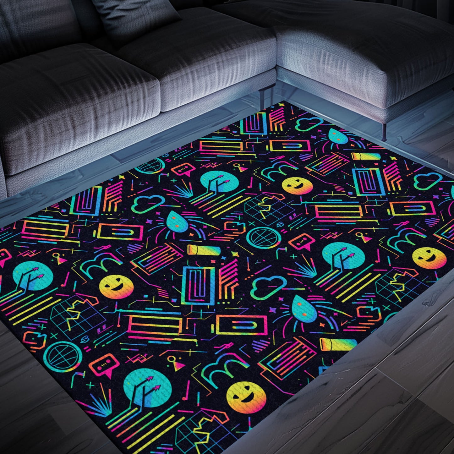 Immerse Yourself in Retro Gaming Paradise with Dark and Neon 80s Arcade NES Game 8bit Area Rug, Ideal for Gamers, Arcade Decor, Gift for Gamers, Video Game Lovers G244