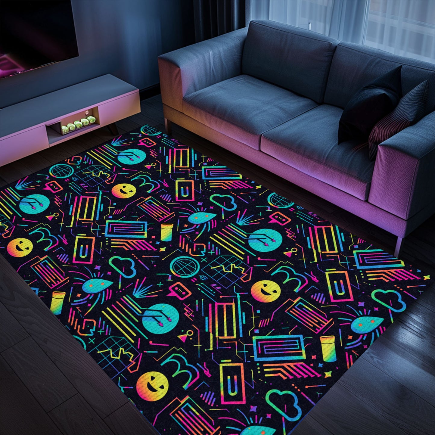 Immerse Yourself in Retro Gaming Paradise with Dark and Neon 80s Arcade NES Game 8bit Area Rug, Ideal for Gamers, Arcade Decor, Gift for Gamers, Video Game Lovers G244