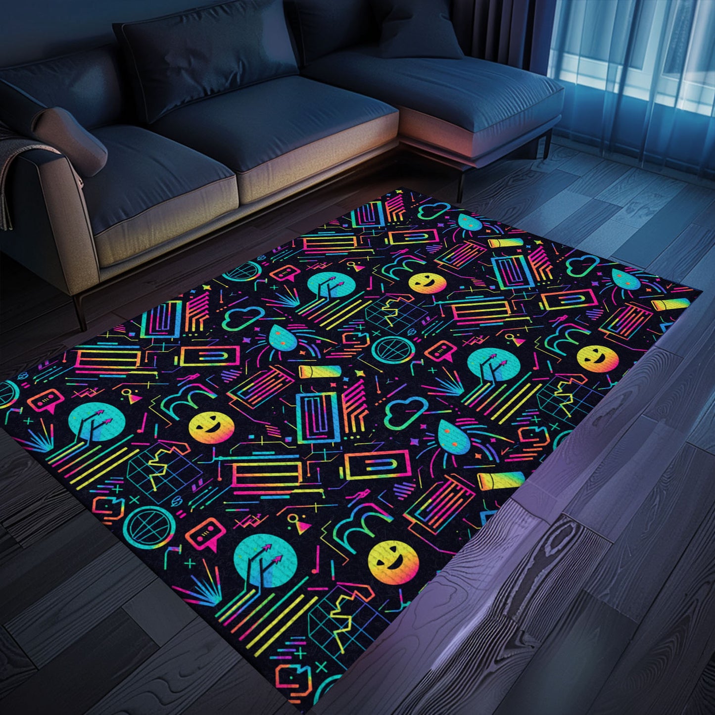 Immerse Yourself in Retro Gaming Paradise with Dark and Neon 80s Arcade NES Game 8bit Area Rug, Ideal for Gamers, Arcade Decor, Gift for Gamers, Video Game Lovers G244