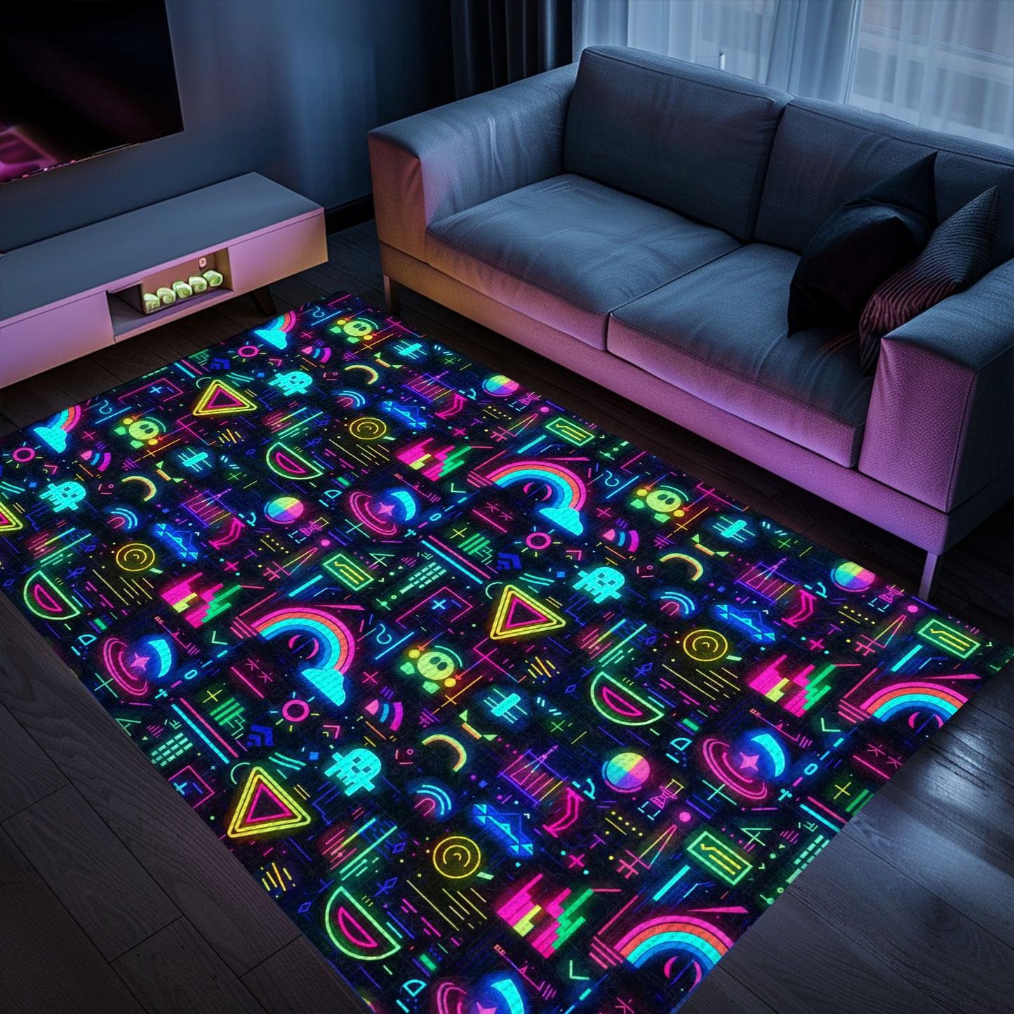 Step into Retro Gaming Paradise with Dark and Neon 80s Arcade NES Game 8bit Rugs, Arcade Decor, Gift for Gamers, Video Game Lovers G358