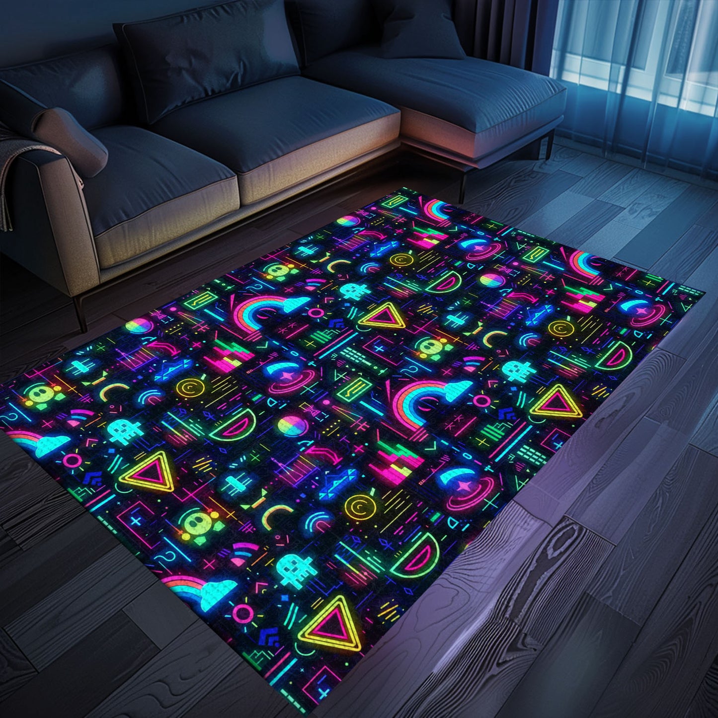Step into Retro Gaming Paradise with Dark and Neon 80s Arcade NES Game 8bit Rugs, Arcade Decor, Gift for Gamers, Video Game Lovers G358