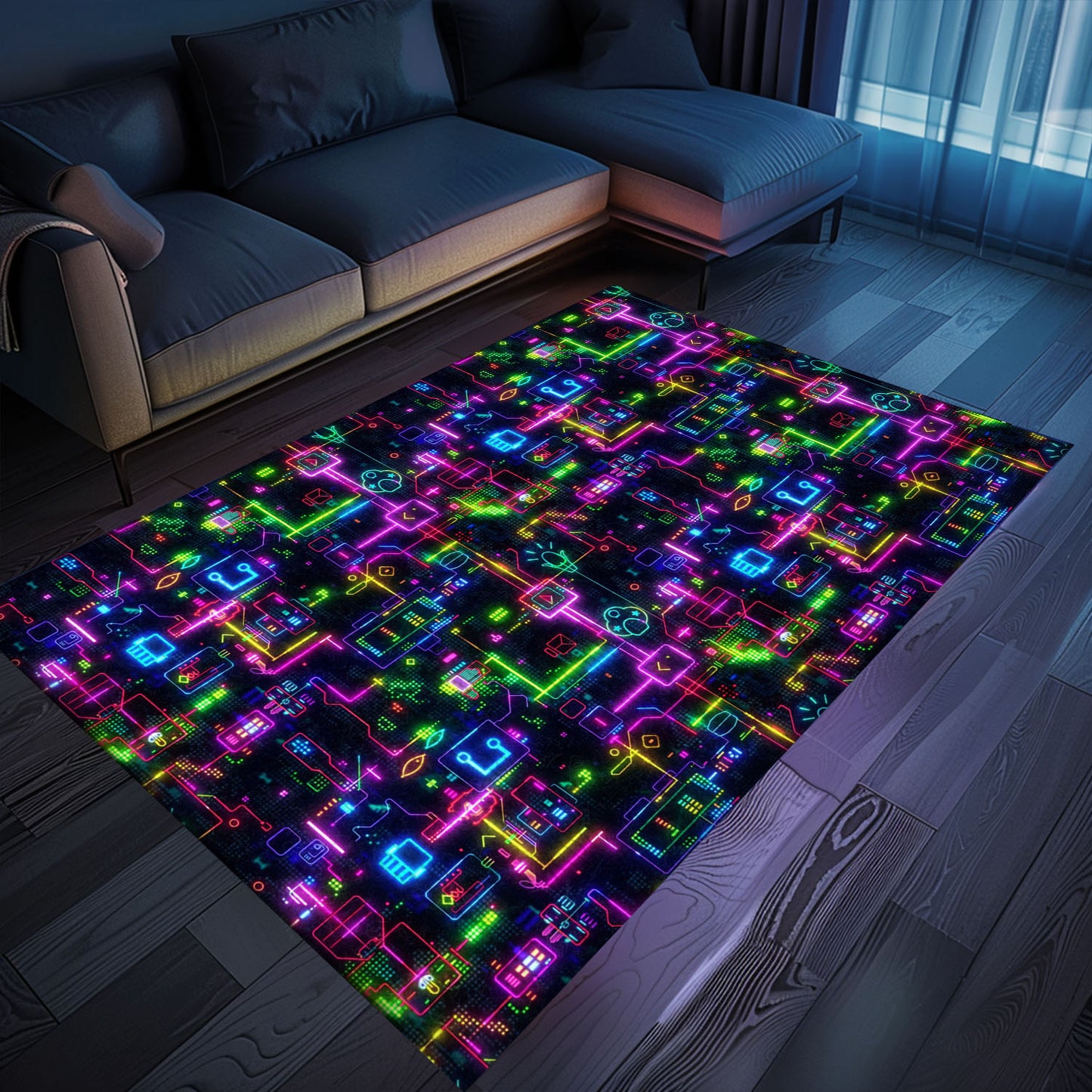 Bring the Arcade Home with Dark and Neon 80s Arcade NES Game 8bit Rugs: Perfect for Gamers, Arcade Decor, Gift for Gamers, Video Game Lovers G356