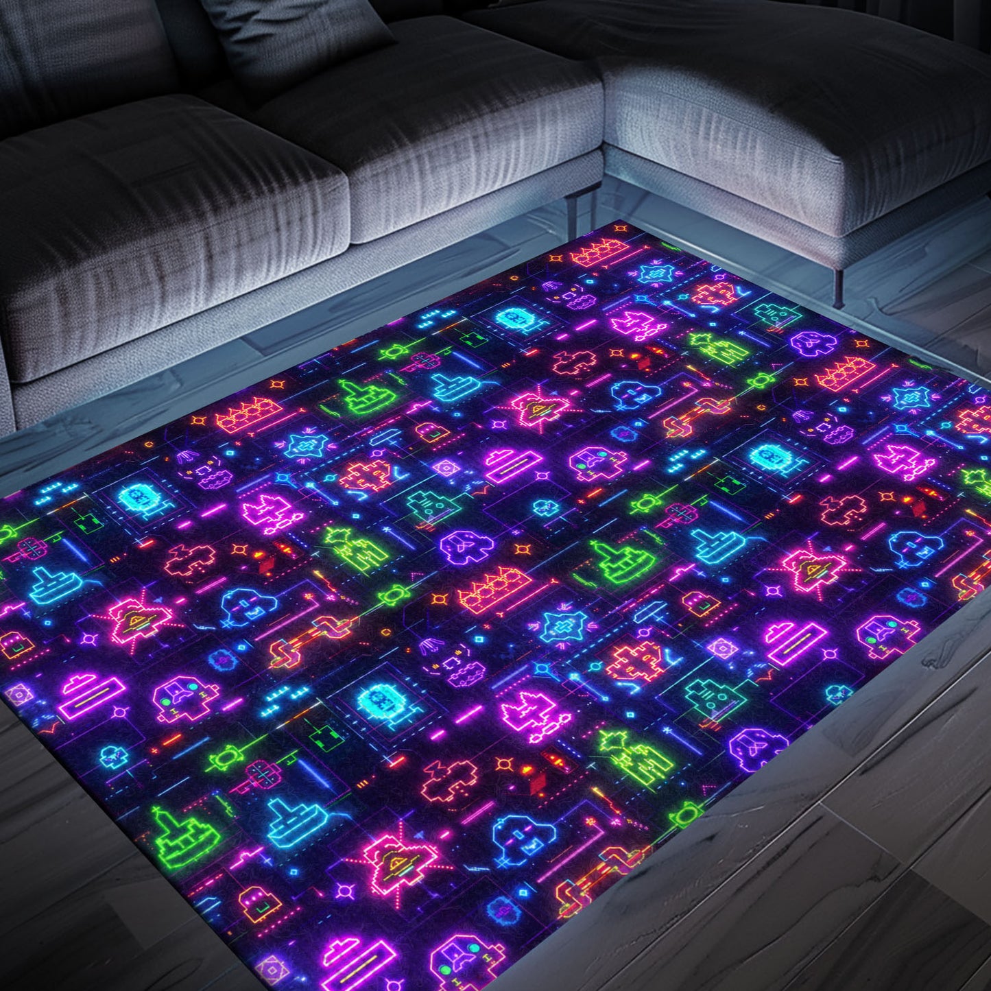 Level Up Your Home Decor with Dark and Neon 80s Arcade NES Game 8bit Rugs, Arcade Decor, Gift for Gamers, Video Game Lovers G354