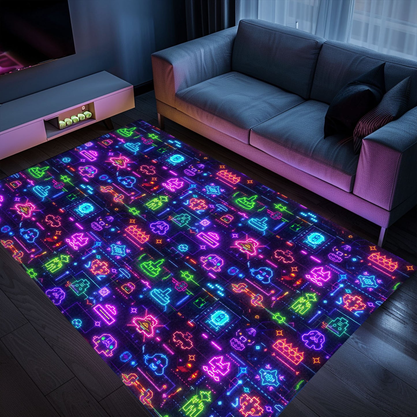 Level Up Your Home Decor with Dark and Neon 80s Arcade NES Game 8bit Rugs, Arcade Decor, Gift for Gamers, Video Game Lovers G354