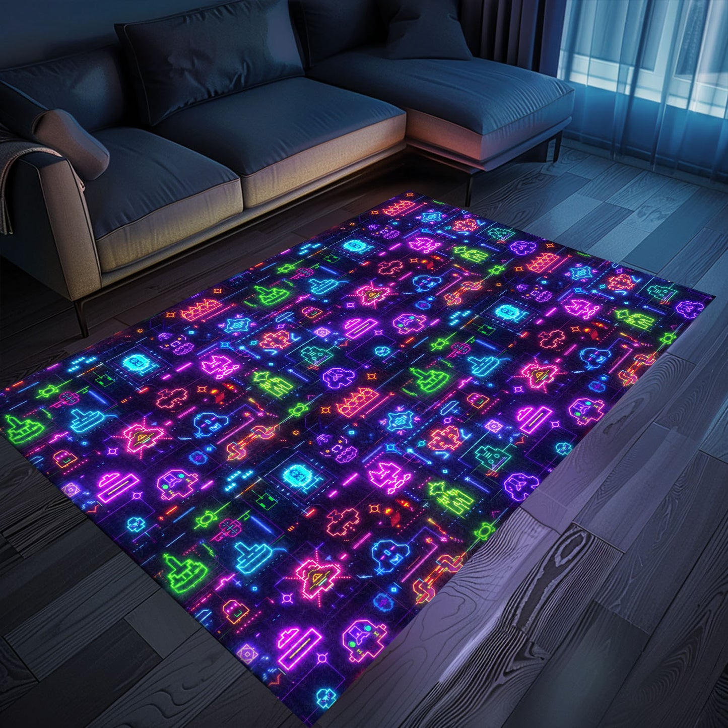 Level Up Your Home Decor with Dark and Neon 80s Arcade NES Game 8bit Rugs, Arcade Decor, Gift for Gamers, Video Game Lovers G354