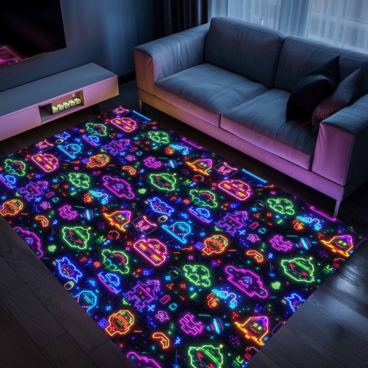 Dark and Neon 80s Arcade NES Game 8bit Rugs: A Must-Have for Retro Gaming Enthusiasts, Arcade Decor, Gift for Gamers, Video Game Lovers G353