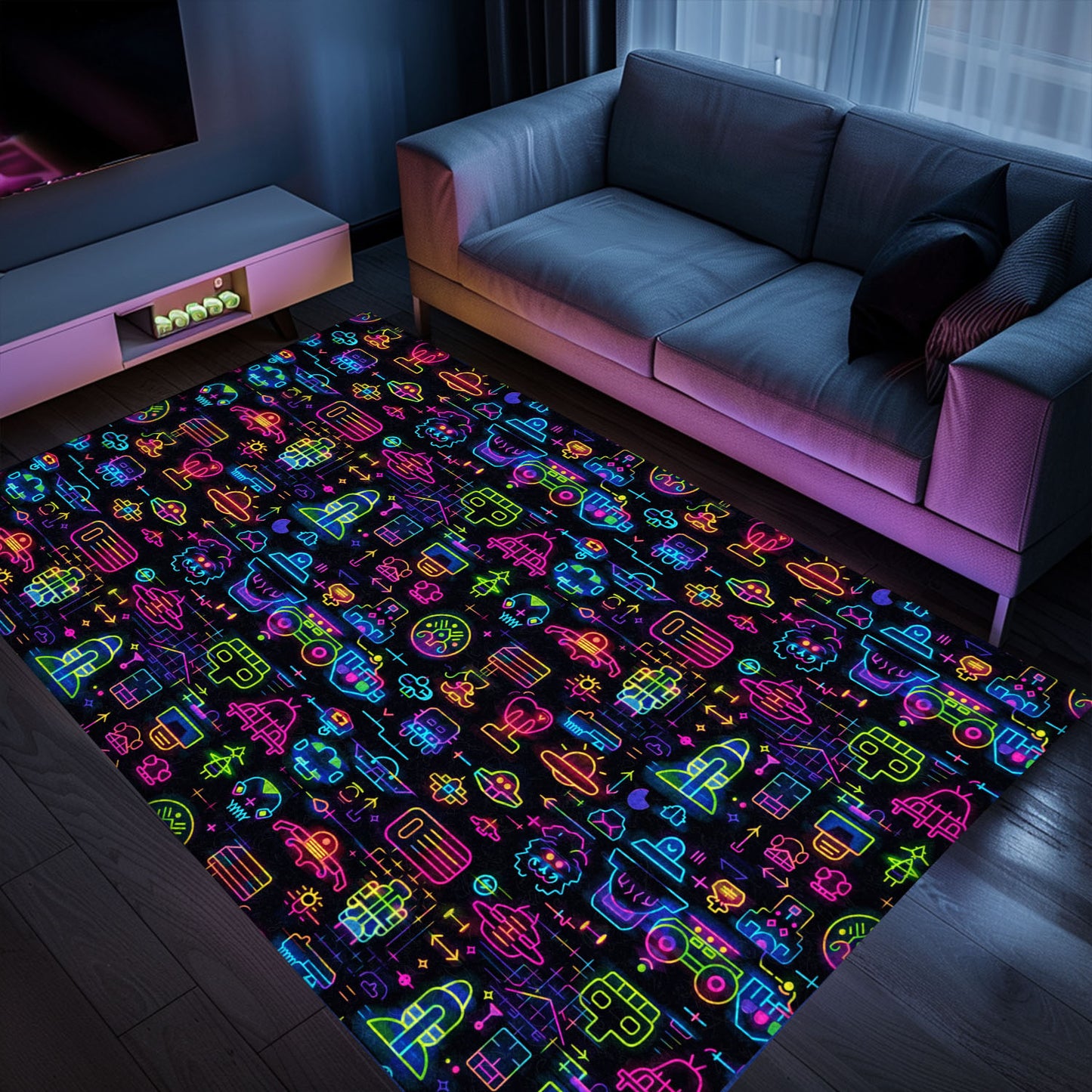 Create the Ultimate Gaming Atmosphere with Dark and Neon 80s Arcade NES Game 8bit Rugs, Arcade Decor, Gift for Gamers, Video Game Lovers G350
