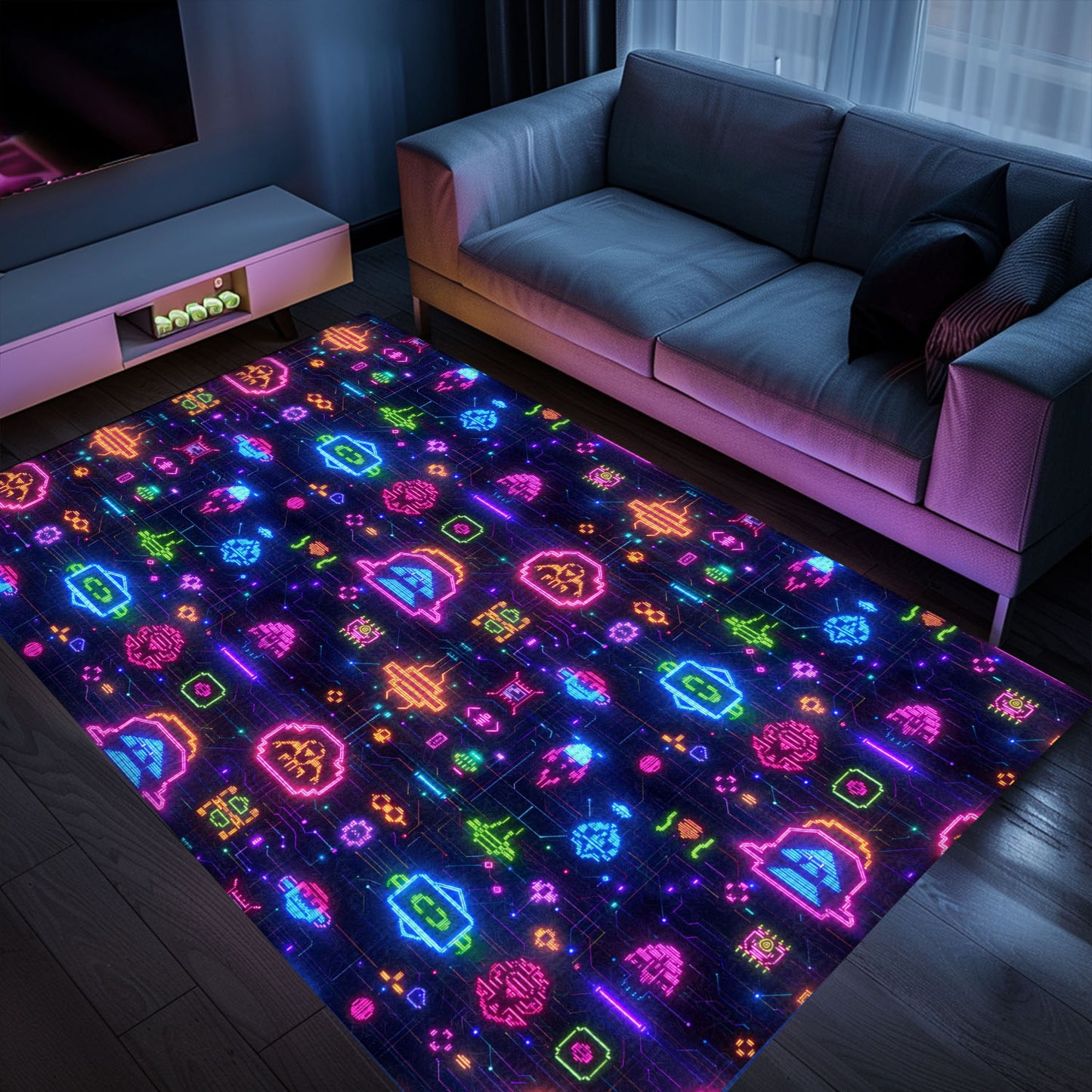 Infuse Your Living Space with Classic Gaming Vibes Using Dark and Neon 80s Arcade NES Game 8bit Rugs, Arcade Decor, Gift for Gamers, Video Game Lovers G360