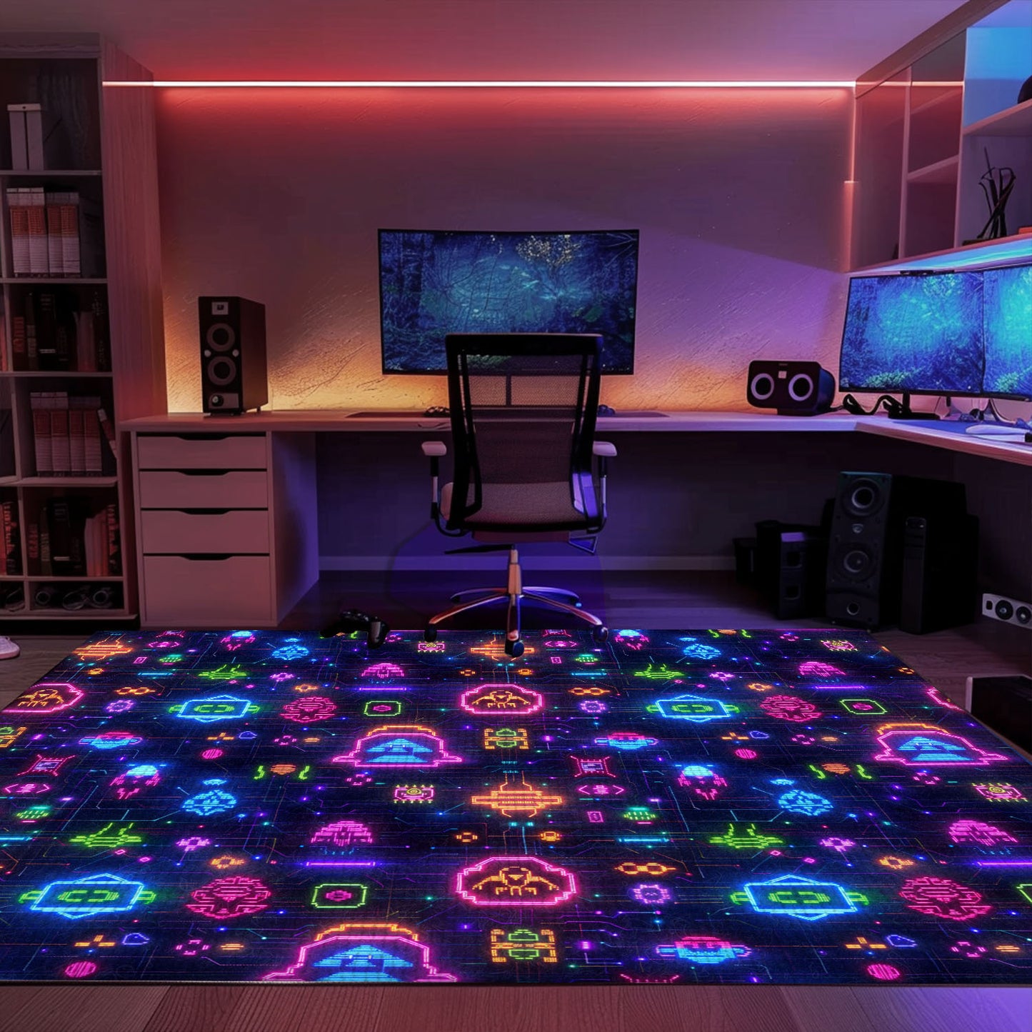 Infuse Your Living Space with Classic Gaming Vibes Using Dark and Neon 80s Arcade NES Game 8bit Rugs, Arcade Decor, Gift for Gamers, Video Game Lovers G360