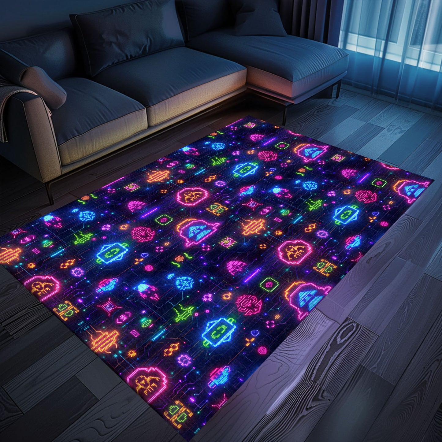 Infuse Your Living Space with Classic Gaming Vibes Using Dark and Neon 80s Arcade NES Game 8bit Rugs, Arcade Decor, Gift for Gamers, Video Game Lovers G360