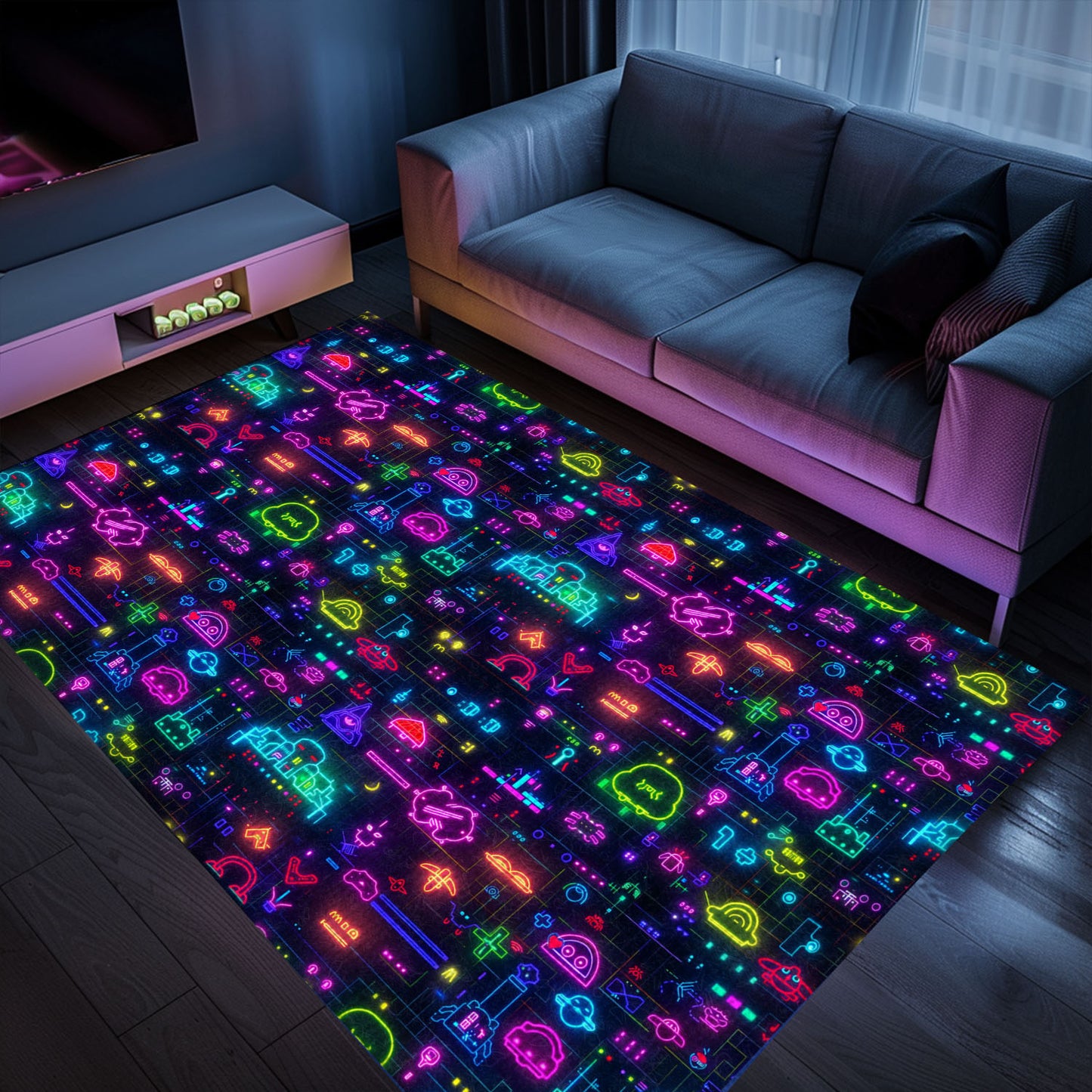 Immerse Yourself in Retro Gaming Bliss with Dark and Neon 80s Arcade NES Game 8bit Rugs, Arcade Decor, Gift for Gamers, Video Game Lovers G348