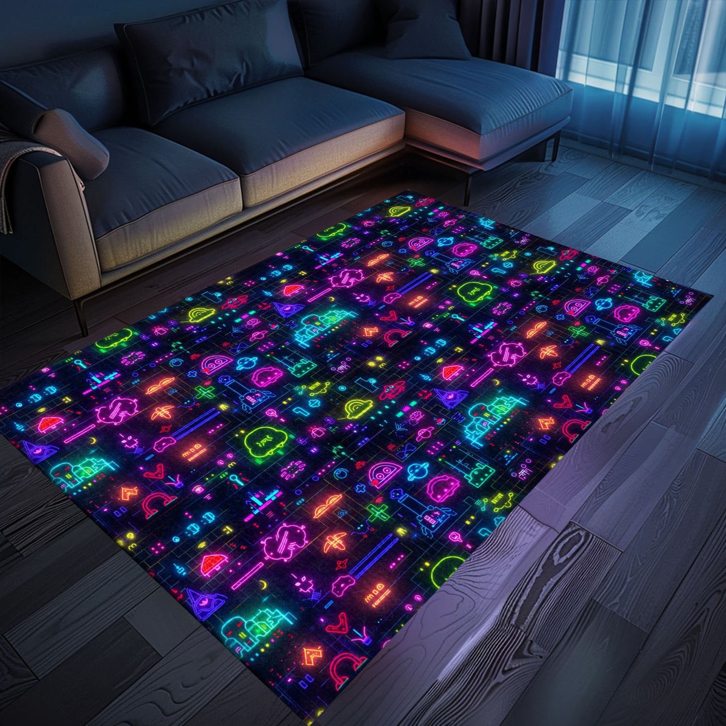 Immerse Yourself in Retro Gaming Bliss with Dark and Neon 80s Arcade NES Game 8bit Rugs, Arcade Decor, Gift for Gamers, Video Game Lovers G348