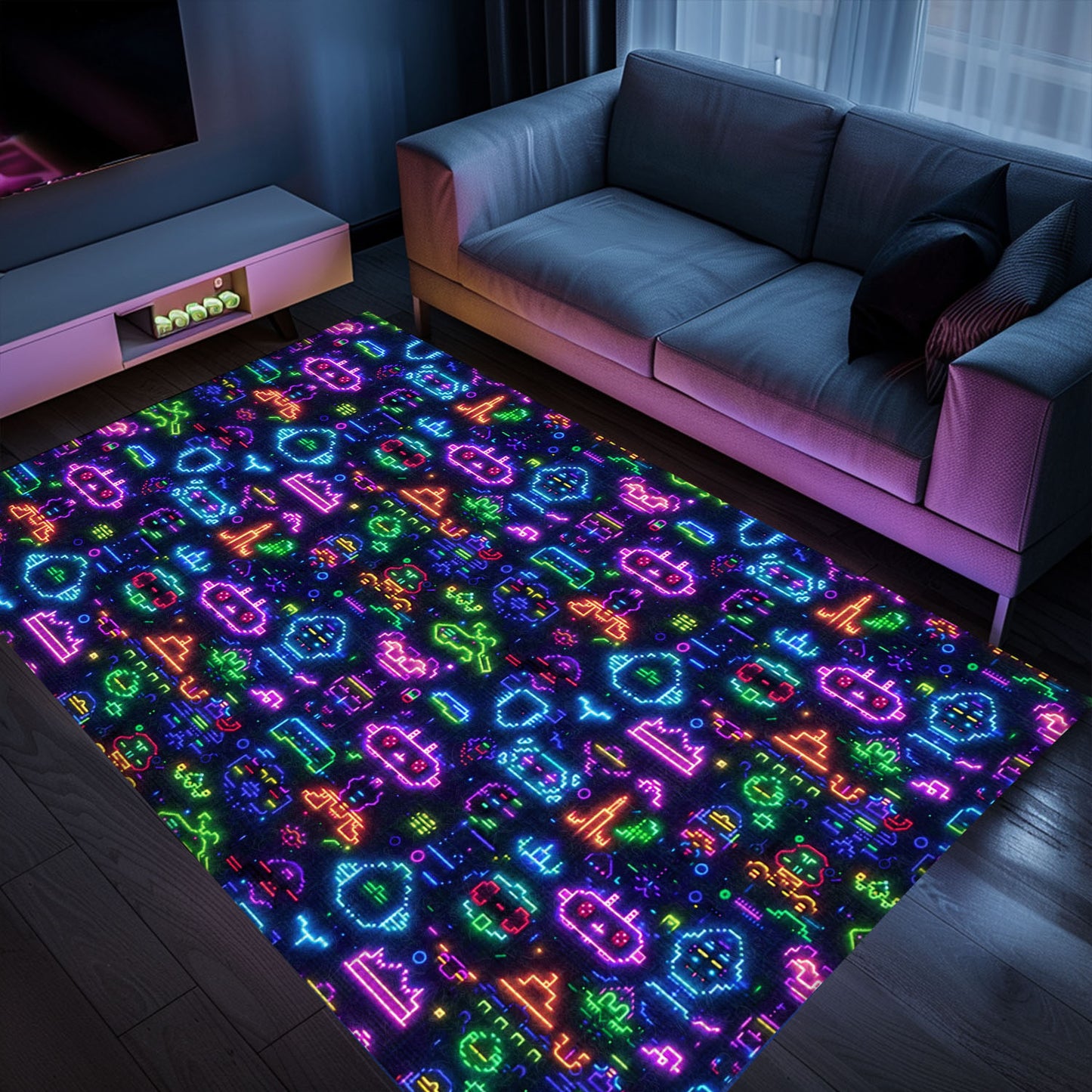 Enhance Your Gaming Den with Dark and Neon 80s Arcade NES Game 8bit Rugs: Perfect for Gamers, Arcade Decor, Gift for Gamers, Video Game Lovers G346