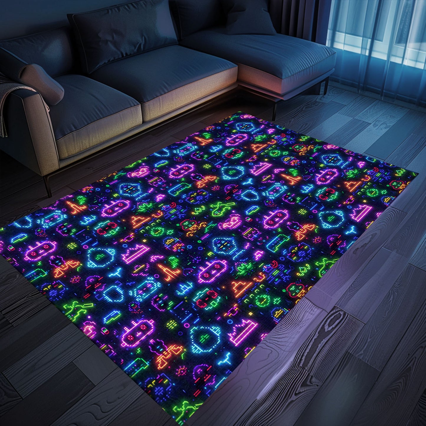 Enhance Your Gaming Den with Dark and Neon 80s Arcade NES Game 8bit Rugs: Perfect for Gamers, Arcade Decor, Gift for Gamers, Video Game Lovers G346