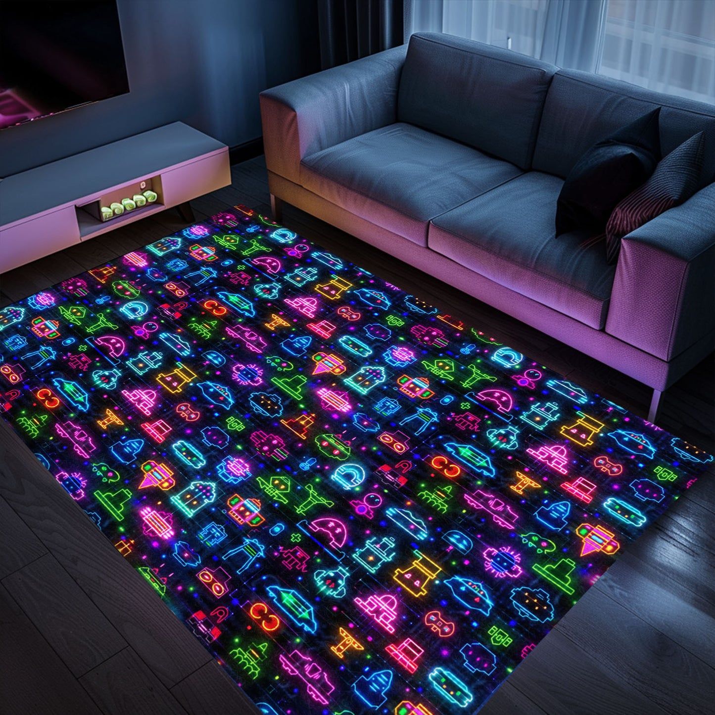 Dive into Retro Gaming Culture with Dark and Neon 80s Arcade NES Game 8bit Rugs for Living Room and Bedroom, Arcade Decor, Gift for Gamers, Video Game Lovers G343