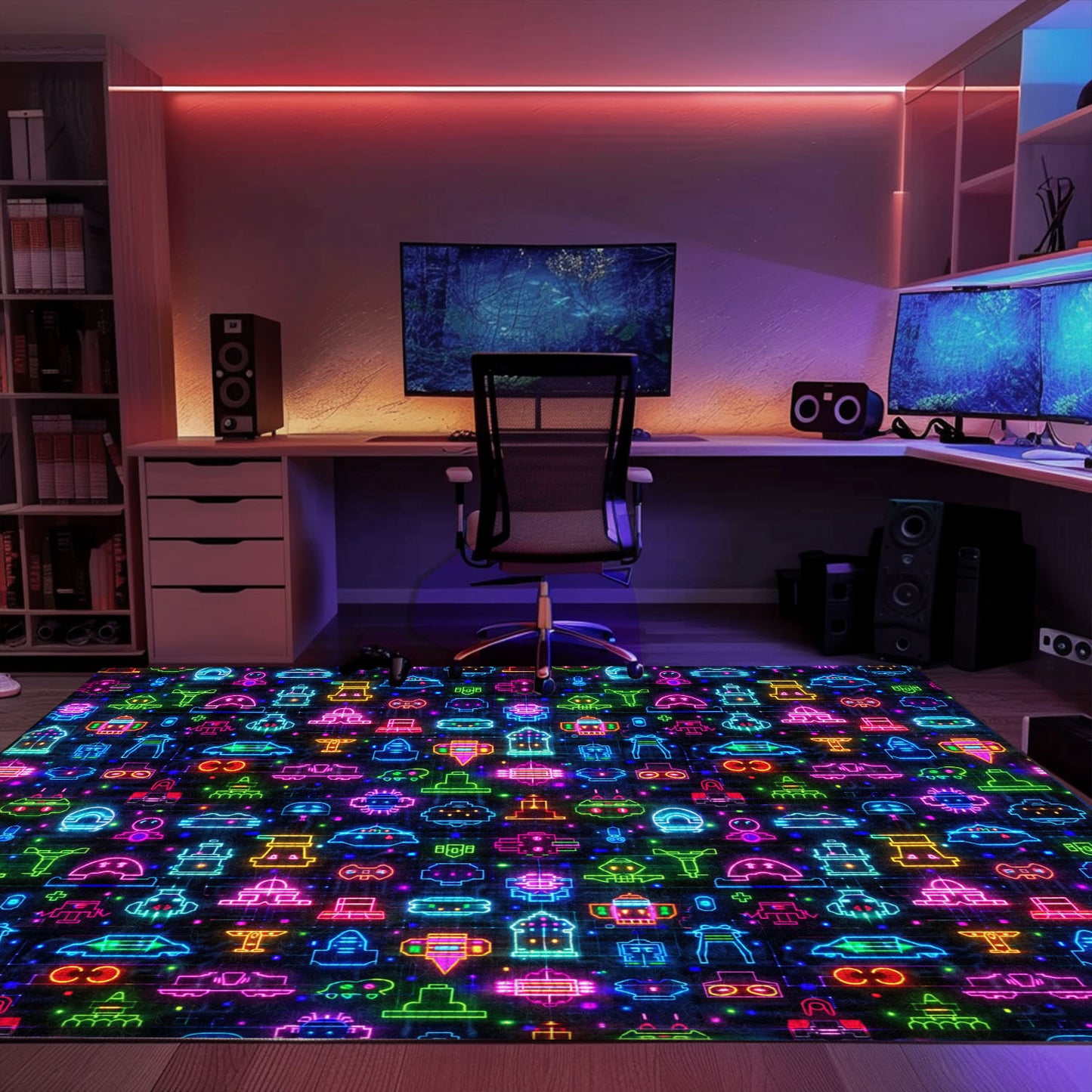 Dive into Retro Gaming Culture with Dark and Neon 80s Arcade NES Game 8bit Rugs for Living Room and Bedroom, Arcade Decor, Gift for Gamers, Video Game Lovers G343