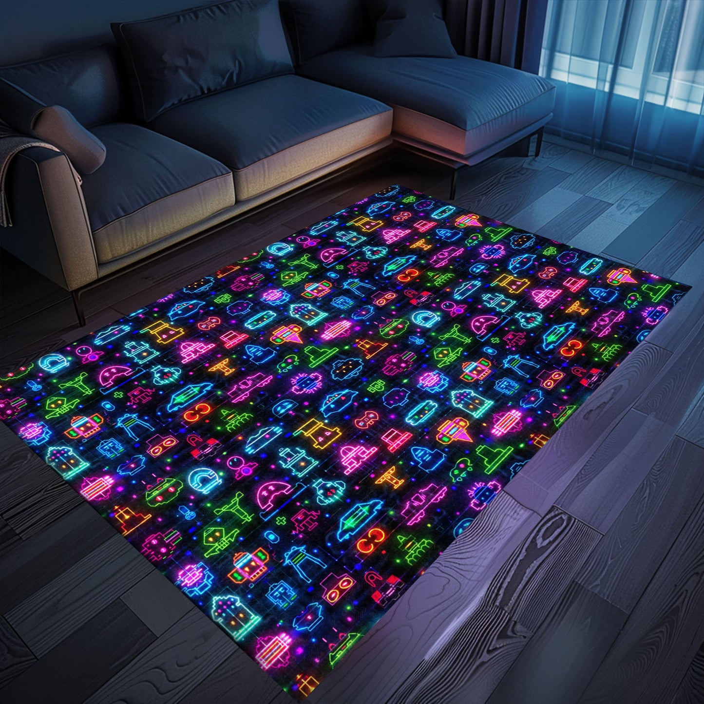 Dive into Retro Gaming Culture with Dark and Neon 80s Arcade NES Game 8bit Rugs for Living Room and Bedroom, Arcade Decor, Gift for Gamers, Video Game Lovers G343