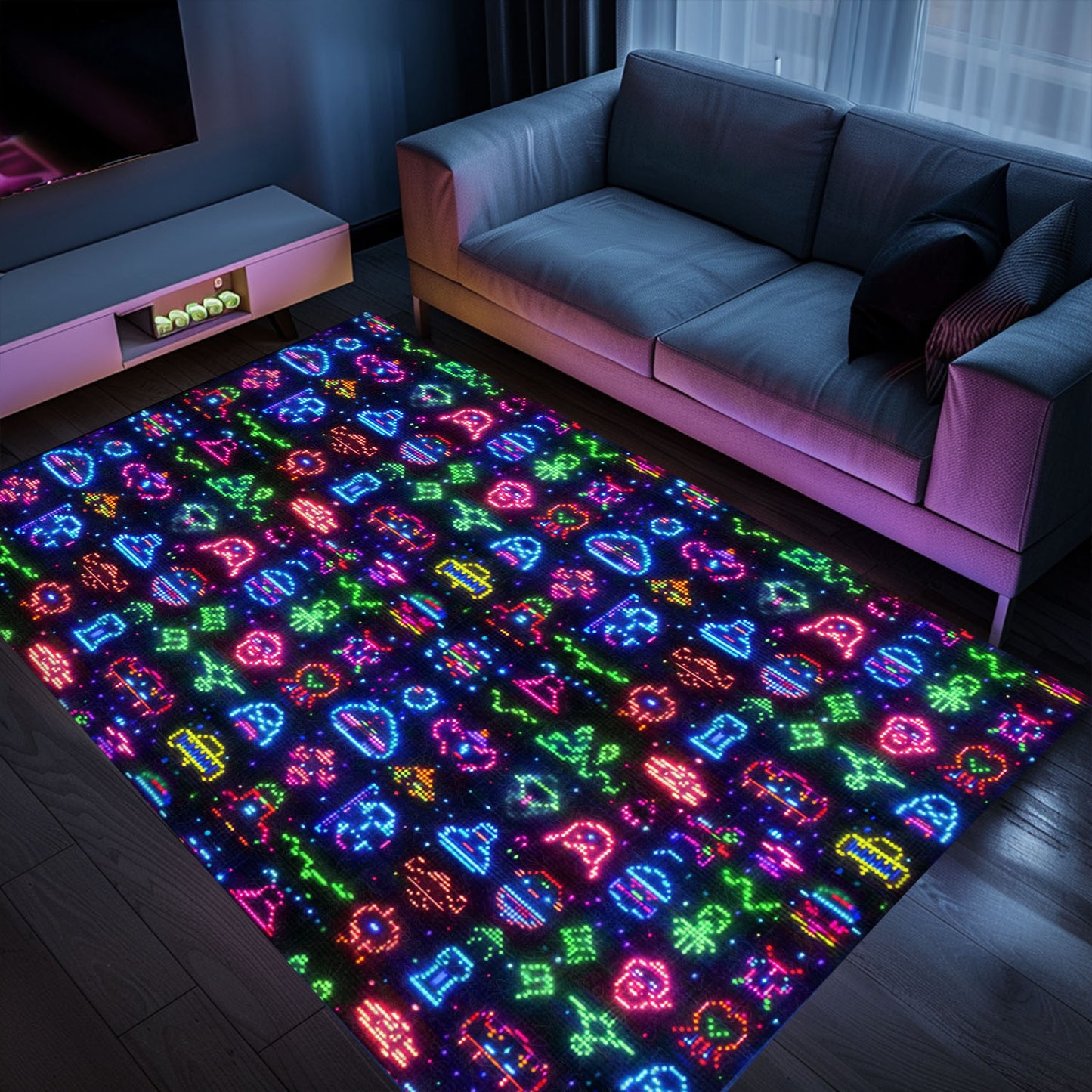 Elevate Your Gaming Den with Dark and Neon 80s Arcade NES Game 8bit Rugs: A Gamer's Dream, Arcade Decor, Gift for Gamers, Video Game Lovers G340