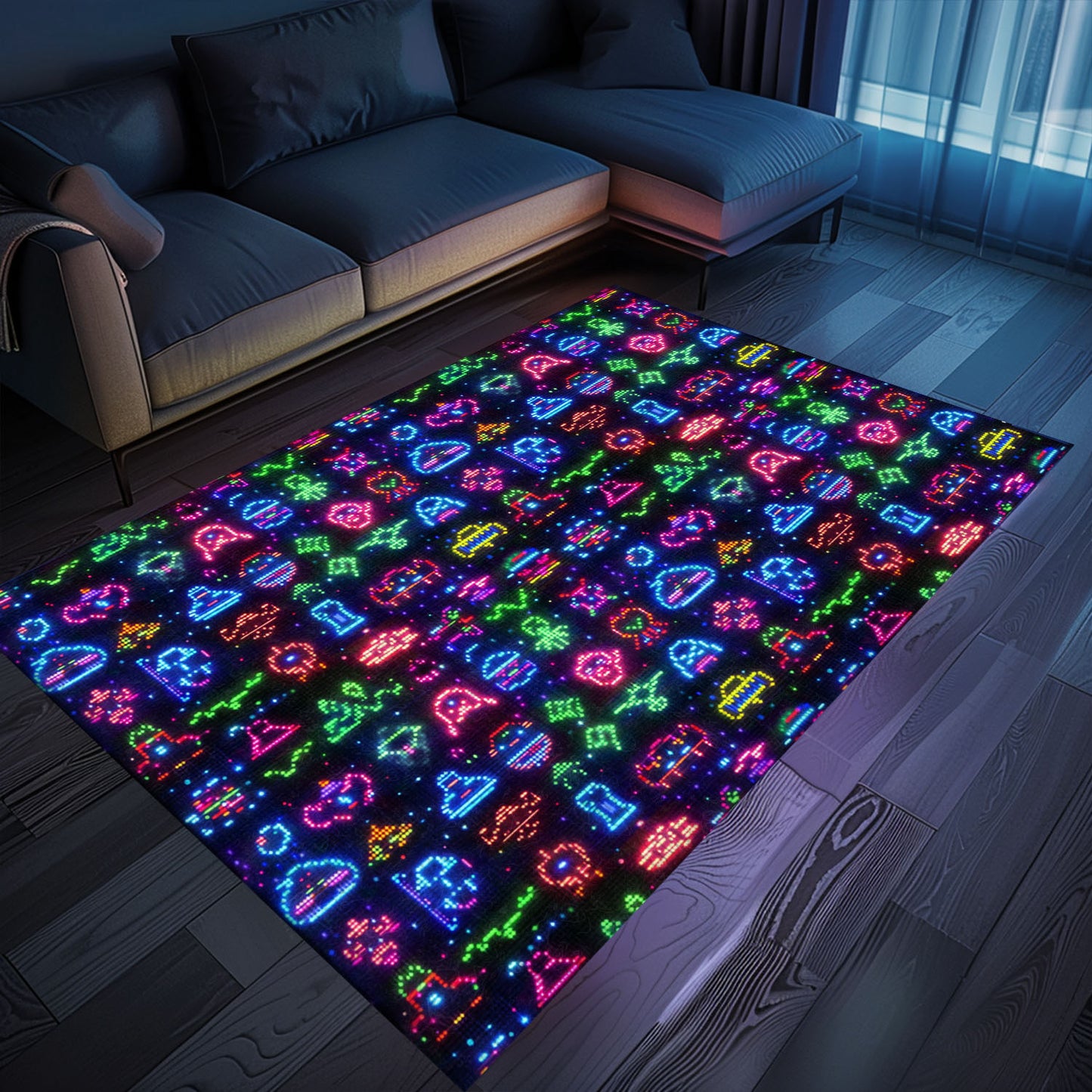 Elevate Your Gaming Den with Dark and Neon 80s Arcade NES Game 8bit Rugs: A Gamer's Dream, Arcade Decor, Gift for Gamers, Video Game Lovers G340