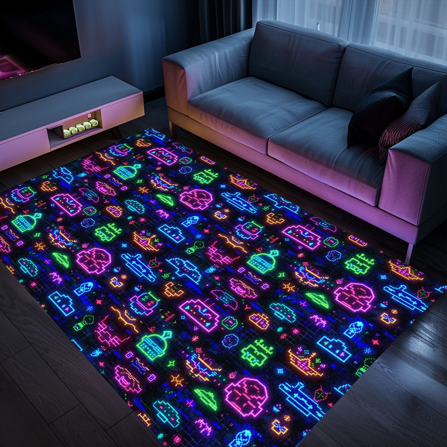 Dive into Retro Gaming Culture with Dark and Neon 80s Arcade NES Game 8bit Rugs, Arcade Decor, Gift for Gamers, Video Game Lovers G337