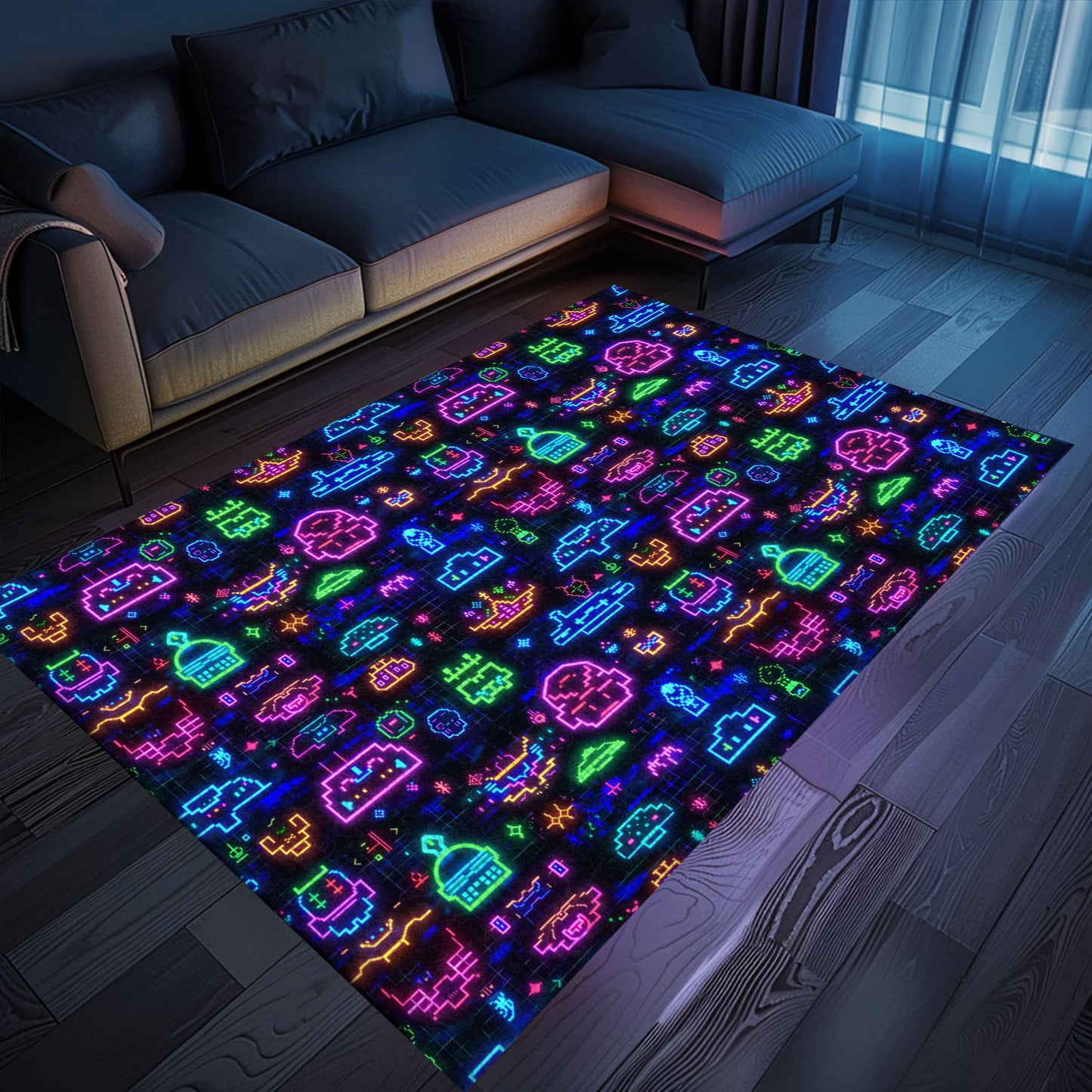 Dive into Retro Gaming Culture with Dark and Neon 80s Arcade NES Game 8bit Rugs, Arcade Decor, Gift for Gamers, Video Game Lovers G337