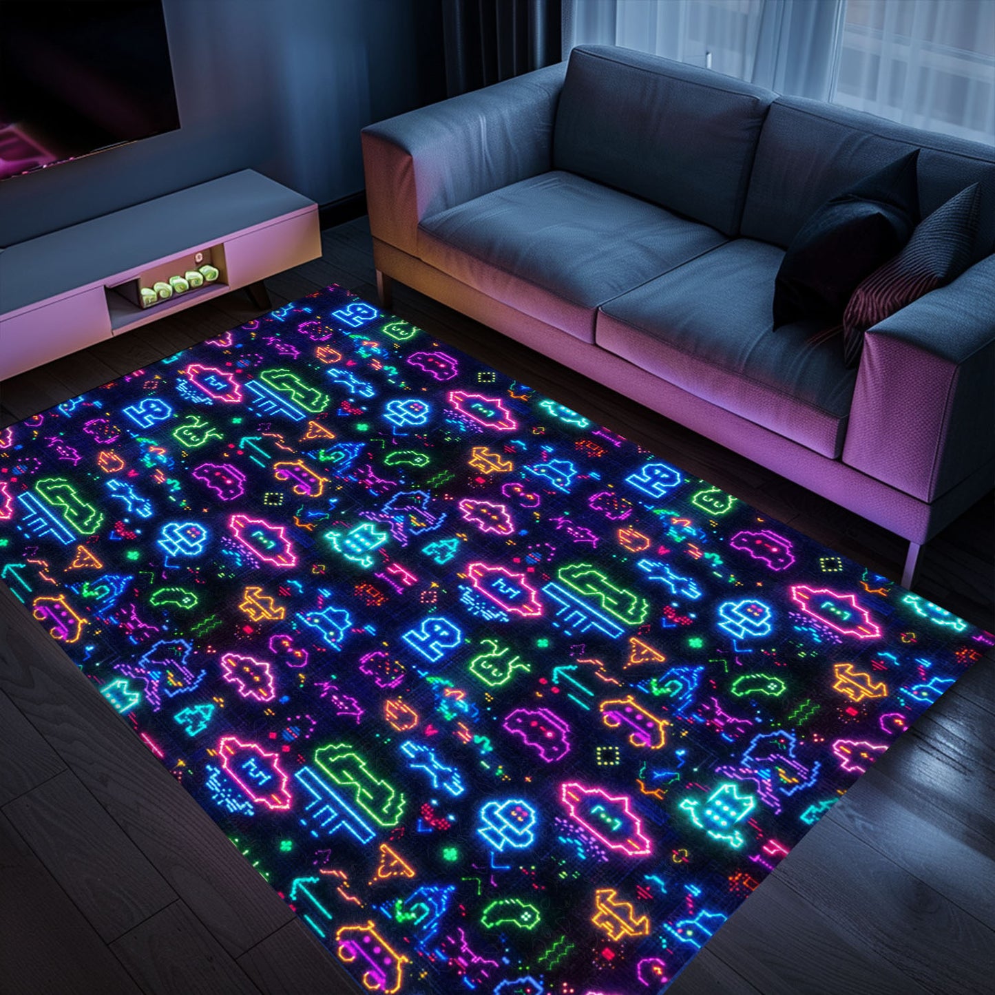 Elevate Your Décor with Dark and Neon 80s Arcade NES Game 8bit Rugs: Perfect for Any Space, Arcade Decor, Gift for Gamers, Video Game Lovers G331