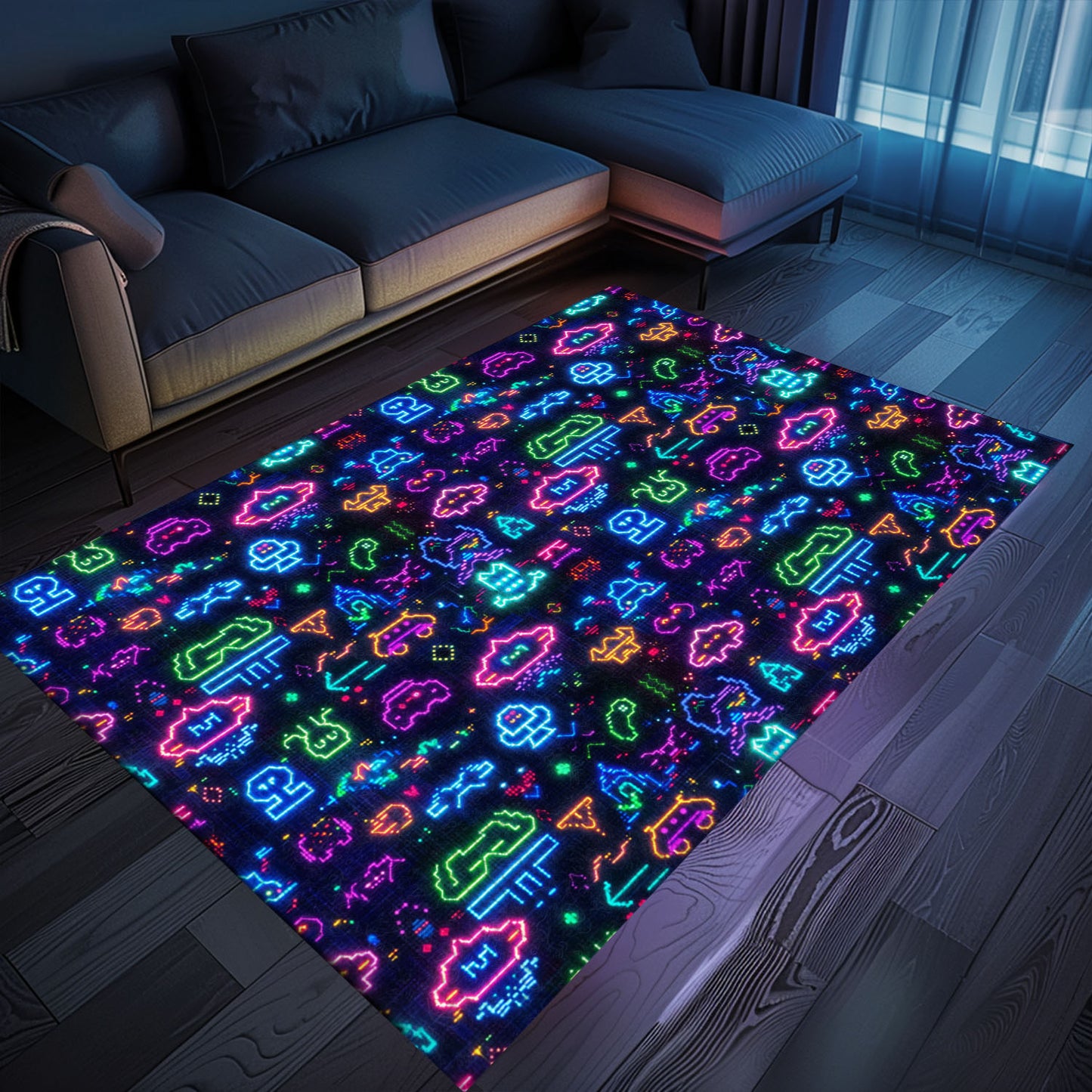 Elevate Your Décor with Dark and Neon 80s Arcade NES Game 8bit Rugs: Perfect for Any Space, Arcade Decor, Gift for Gamers, Video Game Lovers G331