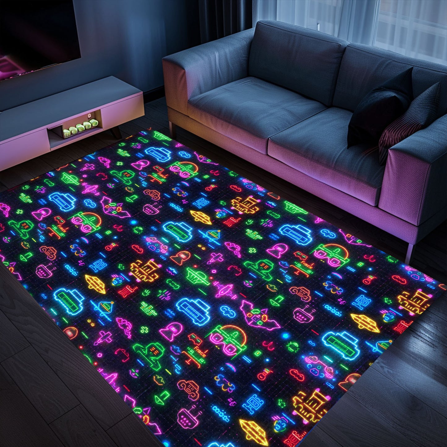 Step Back in Time with Dark and Neon 80s Arcade NES Game 8bit Area Rug for Your Living Space, Arcade Decor, Gift for Gamers, Video Game Lovers G326