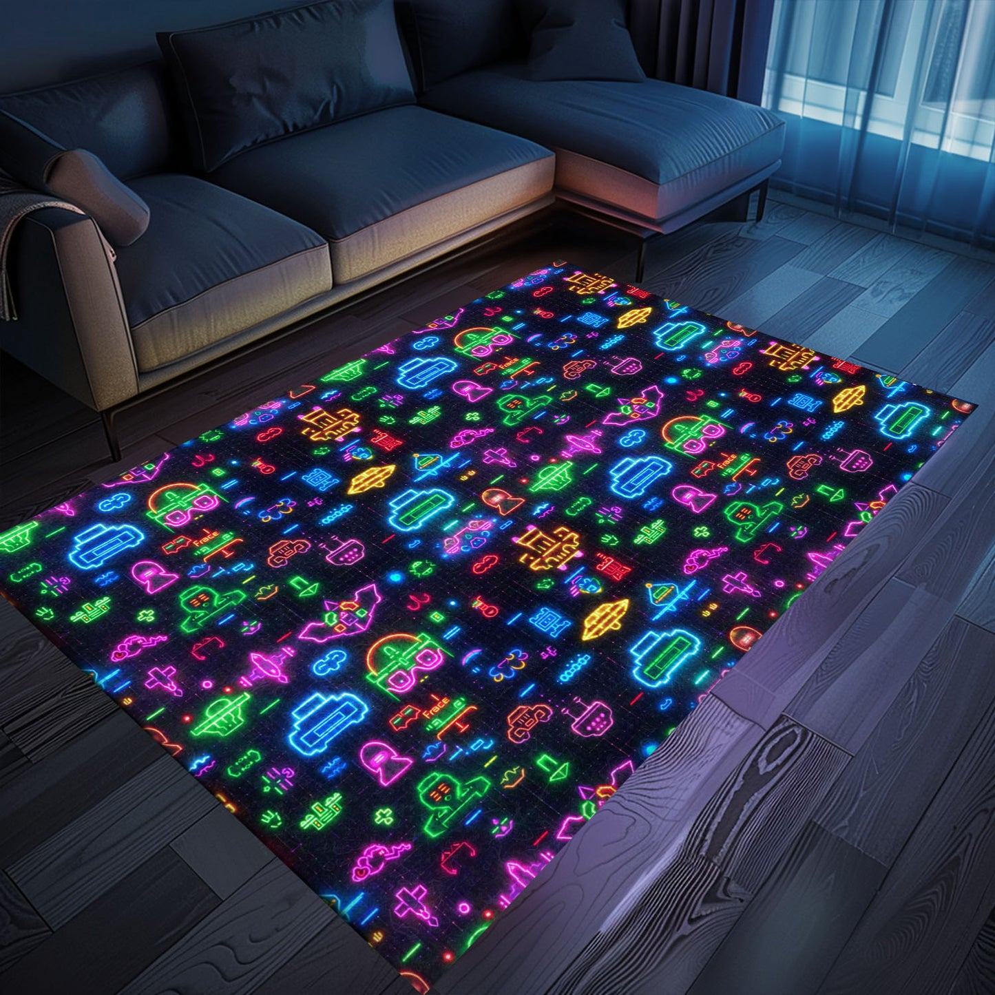 Step Back in Time with Dark and Neon 80s Arcade NES Game 8bit Area Rug for Your Living Space, Arcade Decor, Gift for Gamers, Video Game Lovers G326