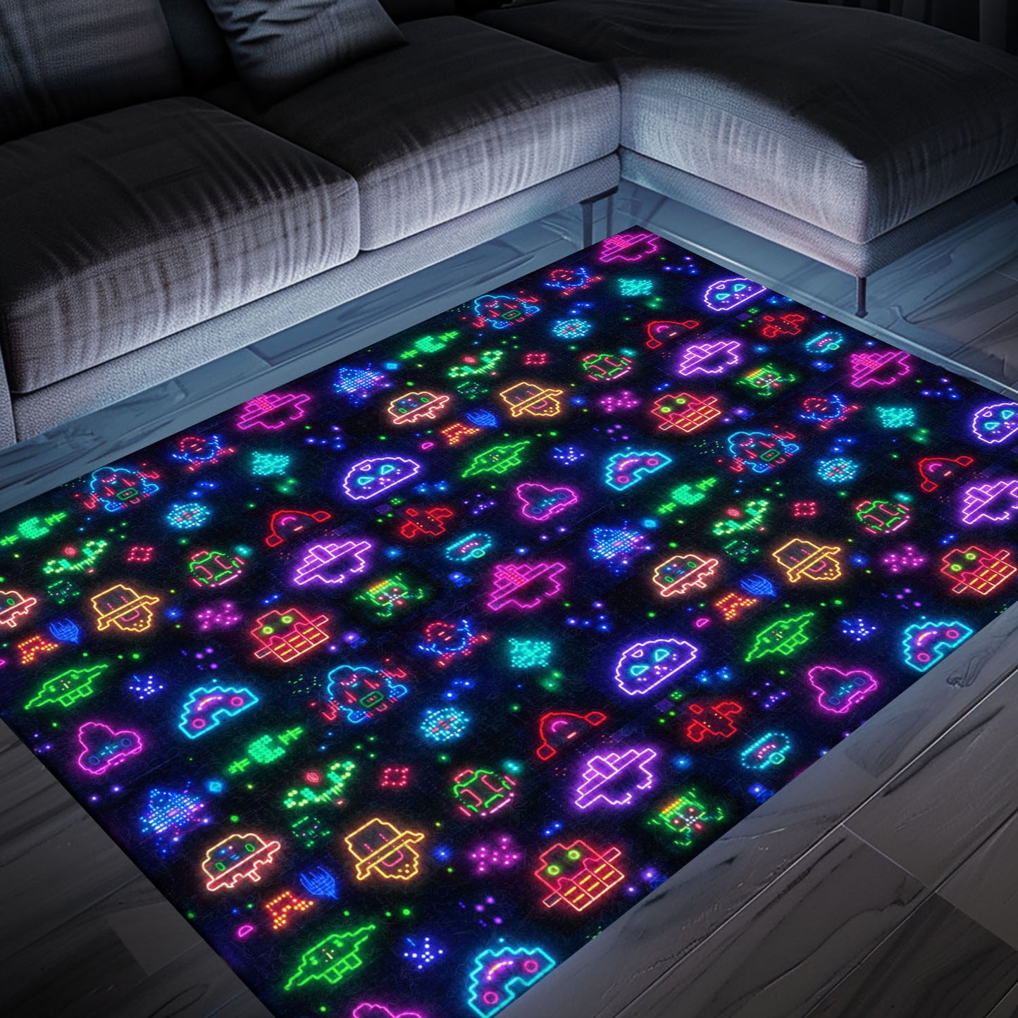 Elevate Your Home Décor with the Iconic Dark and Neon 80s Arcade NES Game 8bit Area Rug, Arcade Decor, Gift for Gamers, Video Game Lovers G322