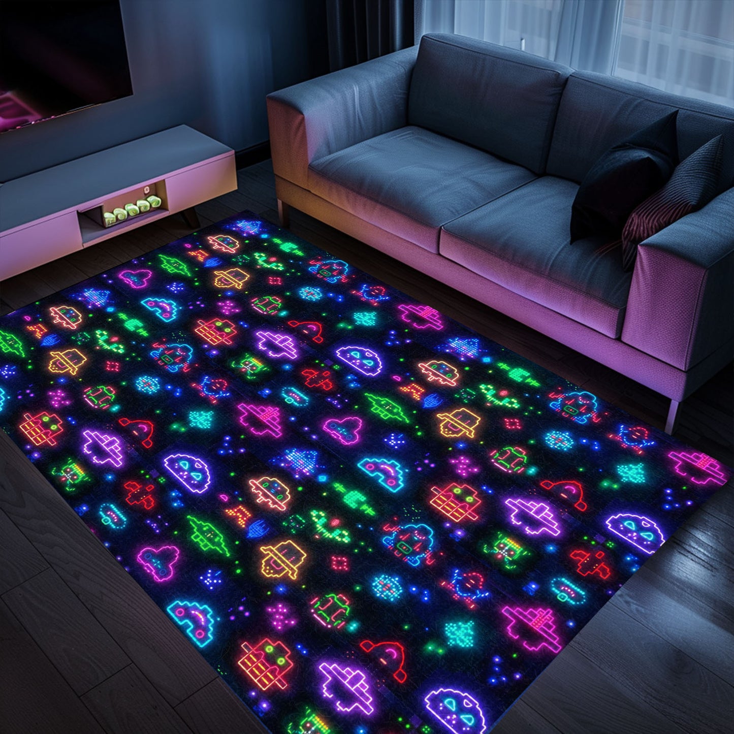 Elevate Your Home Décor with the Iconic Dark and Neon 80s Arcade NES Game 8bit Area Rug, Arcade Decor, Gift for Gamers, Video Game Lovers G322